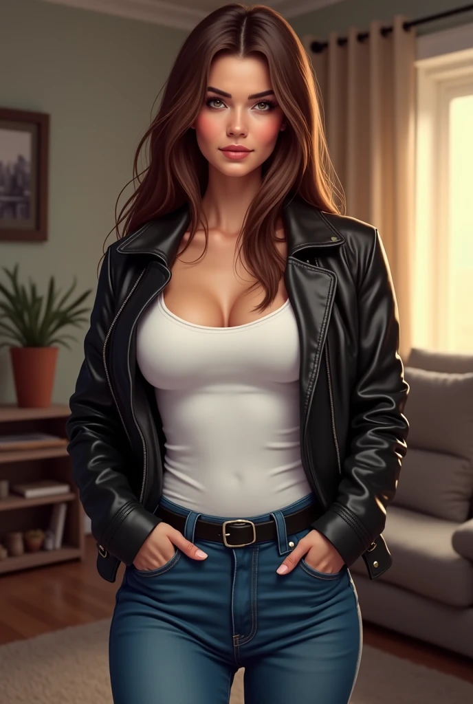 Lucy Pinder, smiling, ((very intense makeup)), voluptuous woman, cleavage, bra, leather jacket, bare torso, short jeans, boots, playing guitar, (Adele), face portrait.