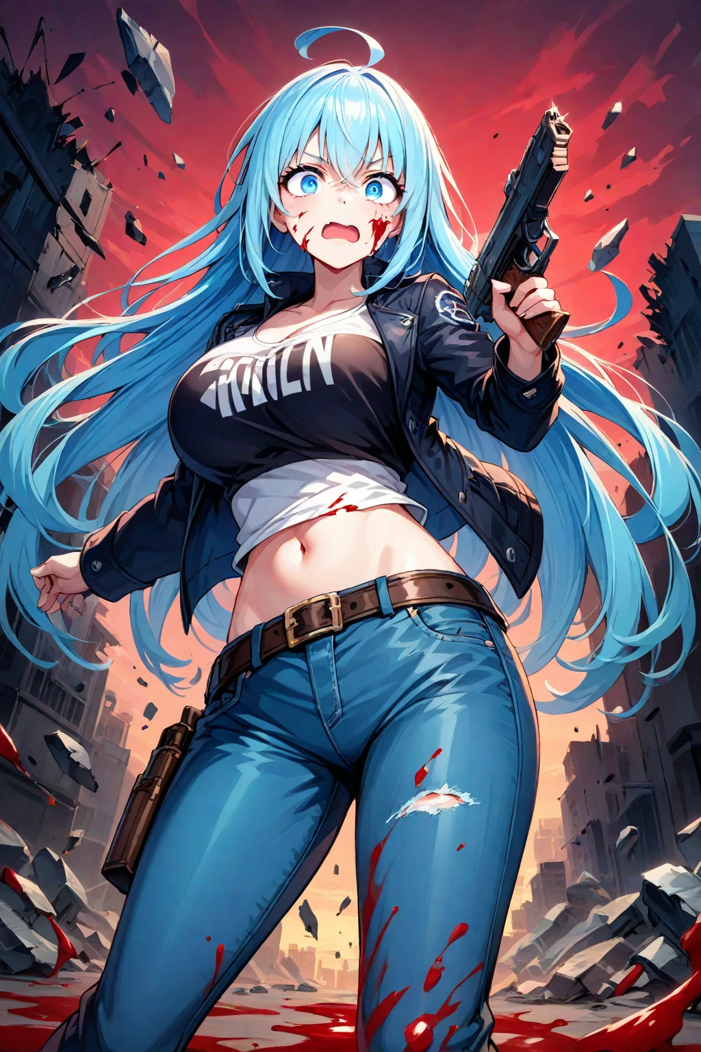 in style of Takeshi Obata,in style of Ashley Wood,1 Girl,Character Design and the End of the World,cowboy shot,indianred,dodgerblue,bloody mask,everywhere bleeding,horrble