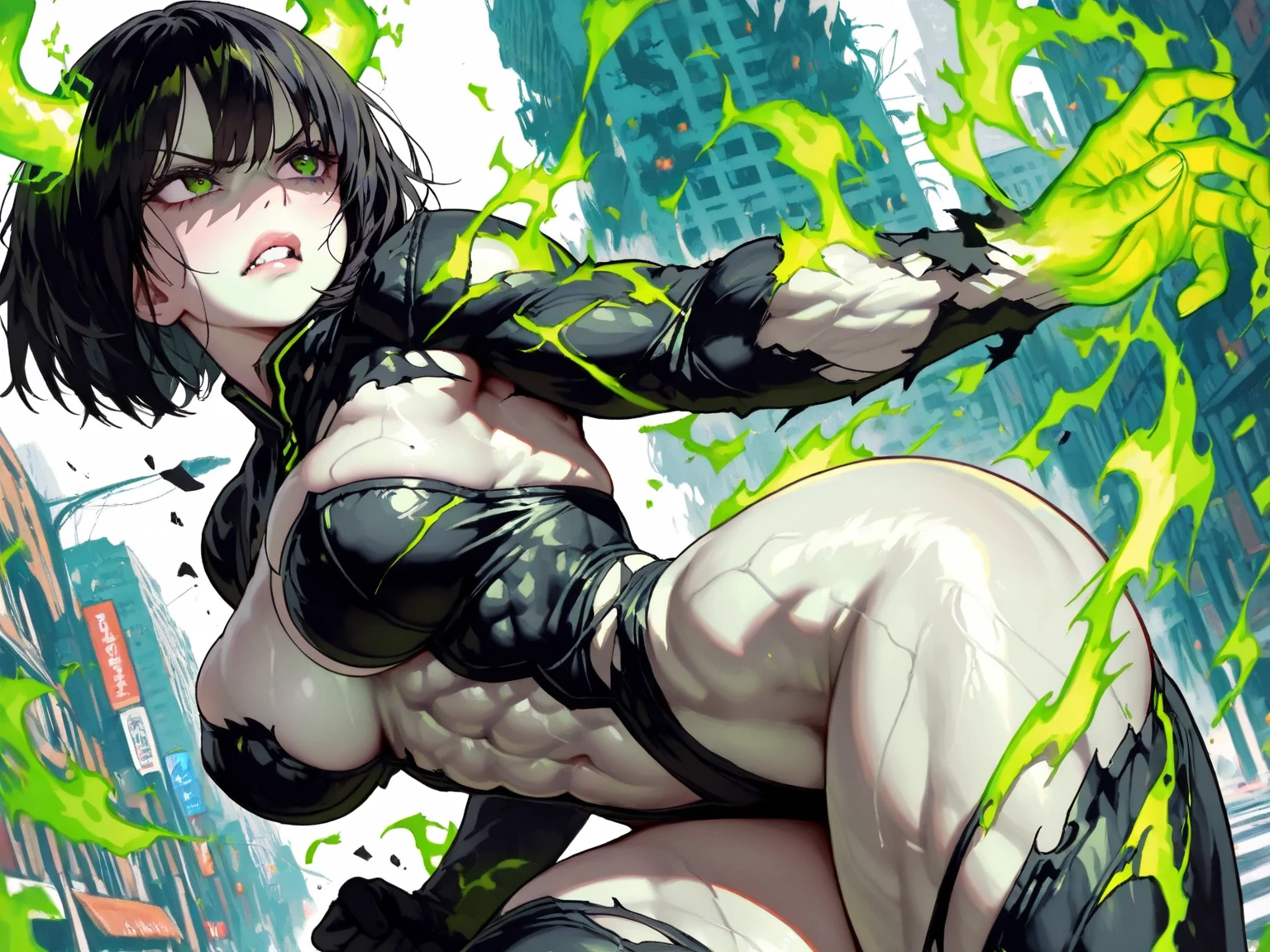 Black shine、(((Fluorescent green tattoo)))、Fluorescent green eyes、The background is dark、(((jet black skin)))、naked、(((pubic hair)))、Female organ、Strong winds、Beautiful girl magician、(((black short ponytail)))、((whole body))、(((Photo taken from below)))、Shadow、Darkness