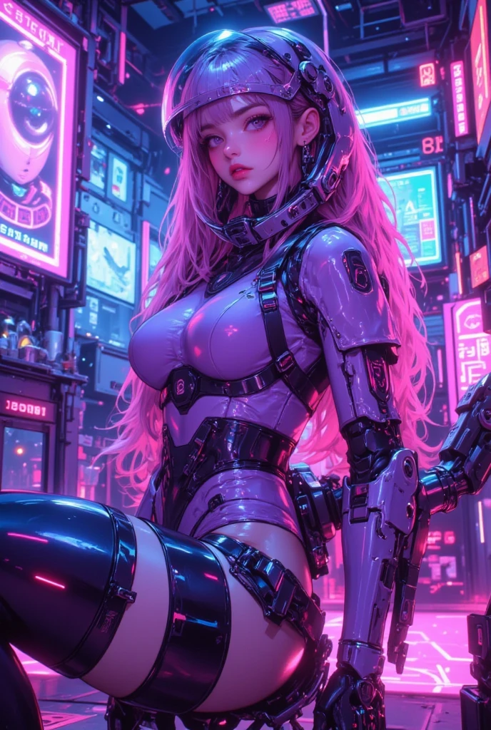 1 girl, pink neon ,robot, female cyborg , cyberpunk tea house, robotic patrons, dim lighting, neon signs,fcPortrait, neon,cyberpunk, futuristic , 