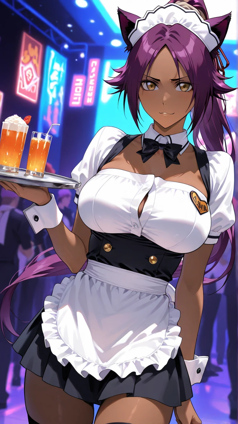 ingrid, (naked),(Corset:1.2),navel,long glove,stocking,fishnets,large breasts,erected nipples,maid headdress,mature female, (dark-skinned female:1.2), dark skin, determined, pink red hair, ponytail,very long hair, hair intakes, makeup, lipstick, (mole under mouth:0.8), eyelashes, yellow eyes, looking at viewer,(casino),(highres, high quality:1.1), intricate details, cinematic lighting, 1girl,(red blush,embarrassed),(metal collar:1.2),show off ass,Carrying cocktail tray,from behind