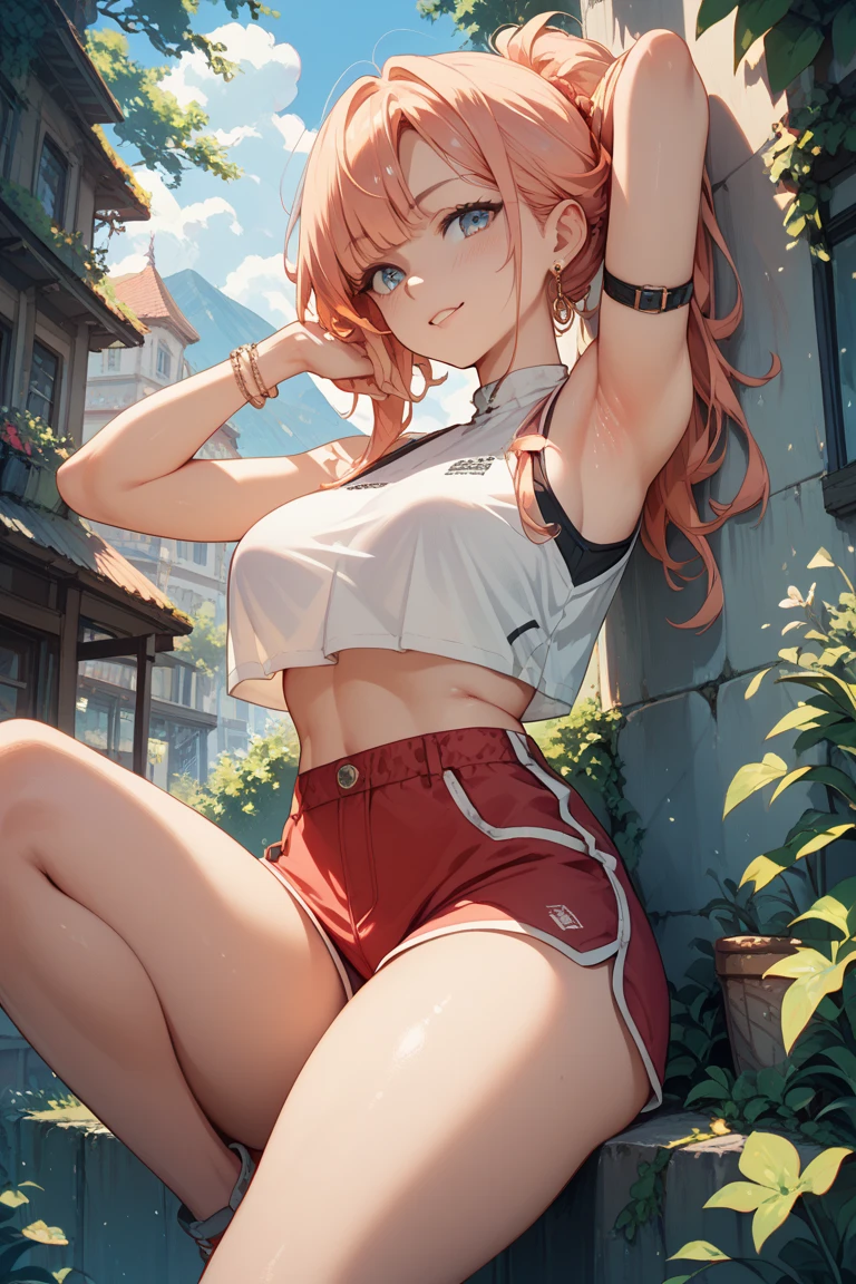 (masterpiece, best quality, ultra-detailed), nilou \(genshin impact\), (red hair), cone hair bun, twin tails, long hair, swept bangs, braid, braided bangs, blue eyes, blue eyes,
(wearing a t-shirt:1.2), sitting on a chair outside of caf, embracing the natural beauty, sunlight, beautiful cloudy sky, city, street, denim shorts, black stocking,
medium breasts, thick thighs, critical angle, cowboy shot, arm behind head, arm behind back, armpits, shy face, crop top, strong and seductive expressions,,