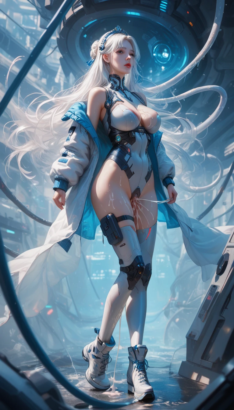 ((ultra-quality)), (in 8K), ultra highres, Hyper Detailed, High contrast, Ultrafine Strike, creative refinement, absurdres, Realistic, extremely detailed CG unified 8k wallpaper, Highly detailed, High-definition raw color photos, professional photography, Realistic portrait, Cinematic Light, Beautiful detailed, 27 years old woman, ((Best quality, 8k, Masterpiece: 1.3)), Slim abdomen, ((blue silver long hair: 1.2)), (no bra), (Sheer nipples:1.2), (Sheer areola:1.2), (Sheer camisole dress:1.2), (Blindfold:1.5), (iron armor:1.3), (natural hair), (natural pussy), (pussy), (nude lower body), Highly detailed face and skin texture, (realistic skin:1.5), (shiny skin), (oily skin), (Best Quality:1.4), Super Detail, High quality, ​master piece, lifelike, (arm behind head:1.5), (arm behind back:1.5), (Cowboy shot), (lower body focus), (sexy thigh), Delicate Beautiful Hair, Lifelike, Hyper-detailing, (colossal breasts:1.8), (Big breasts:1.8), (Beautiful breasts:1.7), (arm behind back), (arm behind head), Beautiful cute woman, camel-toe details, NSFW, slim body, wet clothes, wet body,