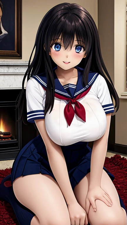 （ichigoaya, 独奏, , serafuku, black sailor collar, red neckerchief, black skirt）３d、Three-dimensional、High resolution, Ichigoya,Full nudity、girl、cute 、Thick pubic hair、Nipples、Thighs、Eyes of Love、Sweaty、Sweat in the crotch area、Young Face、beautiful, 写真のようにGenuineな画像、In detail、High resolution、masterpiece、4K,8K.Genuine、Ultra-clear、Wearing navy blue knee-high socks、bedroom