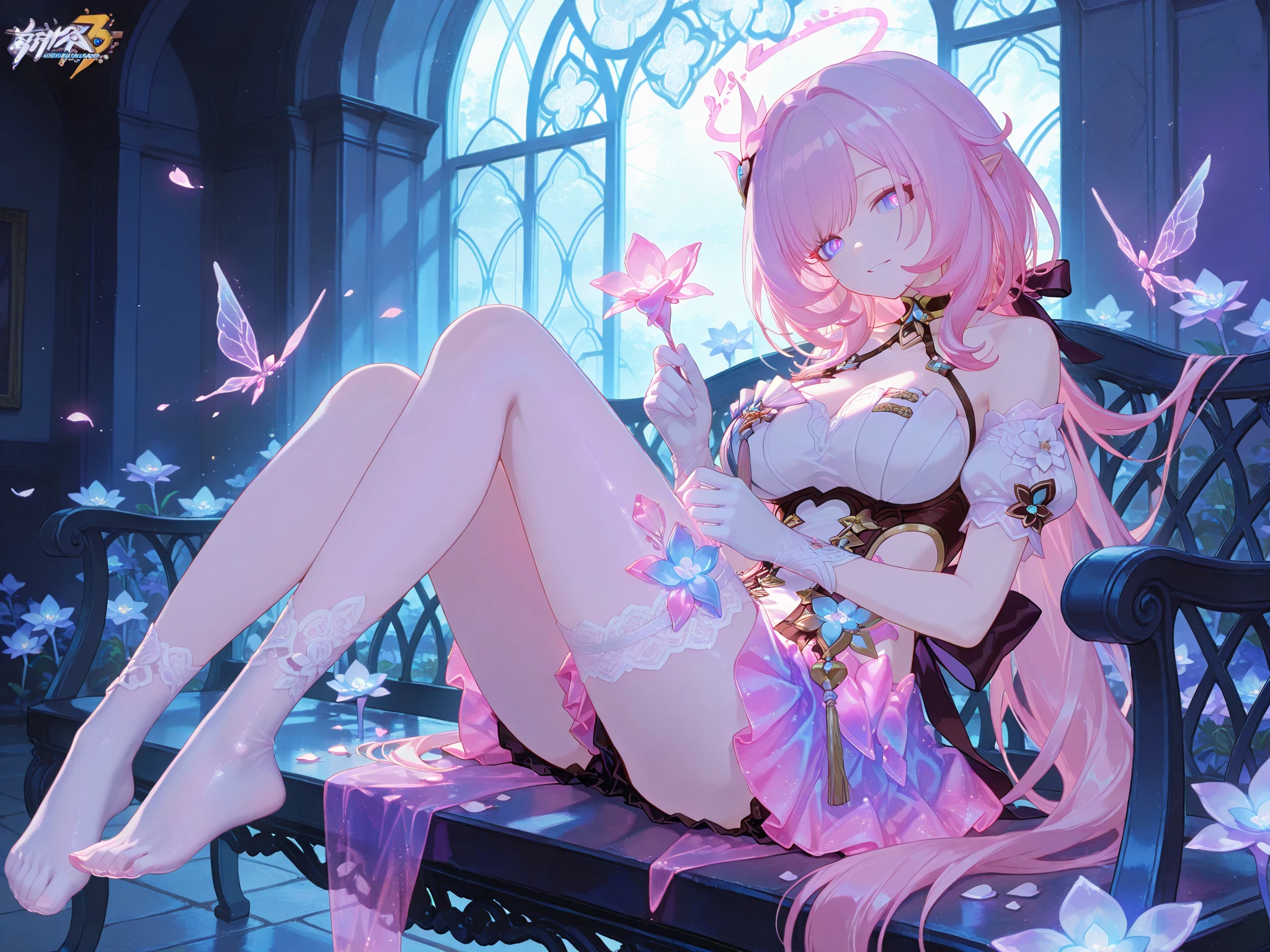 girl with pink hair and light blue eyes、Underwear、Long