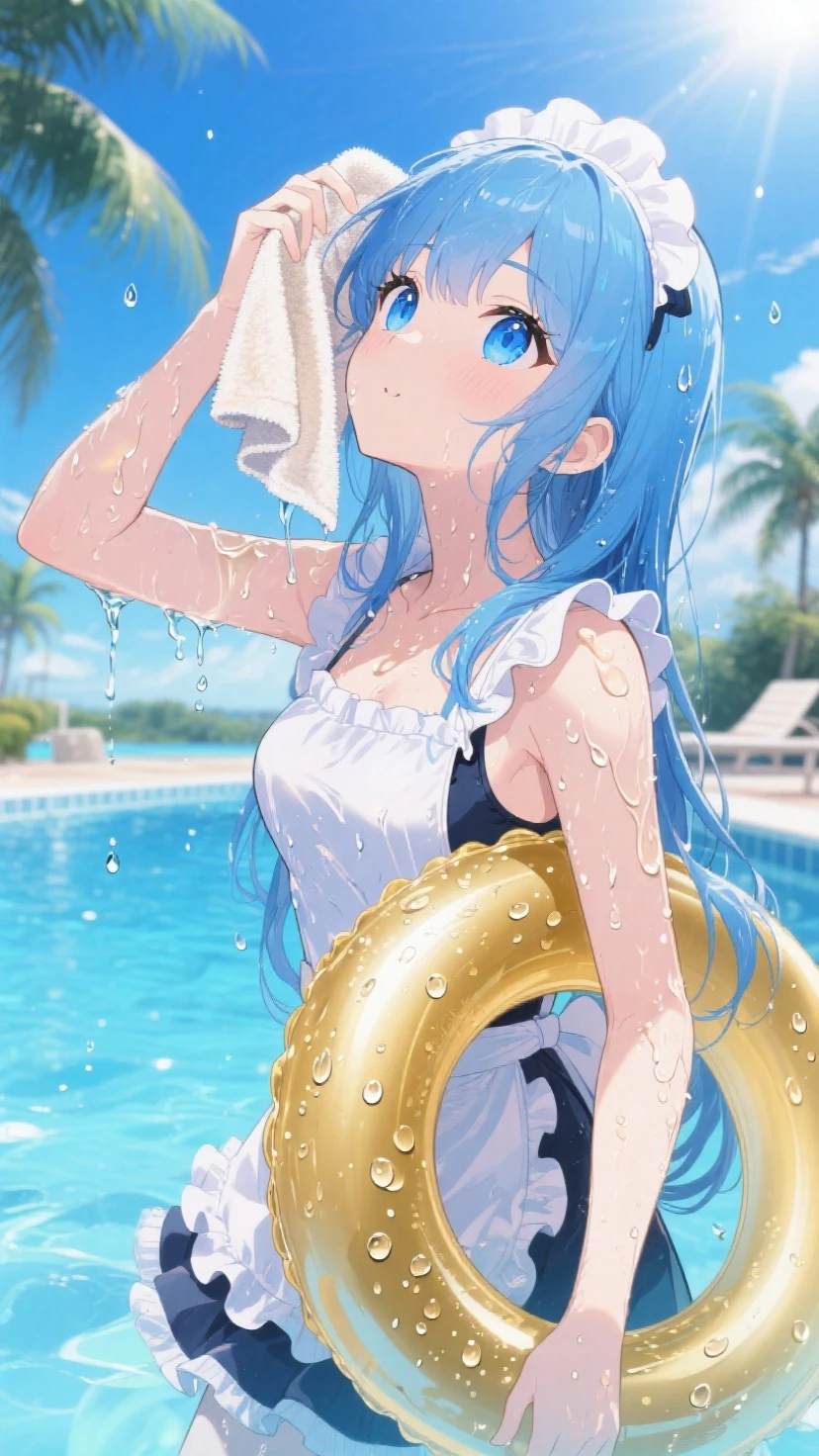 8-year-old girl、Water Element、flat chest、Loli、Curious eyes、Lively、Pure white swimsuit、White yarn、