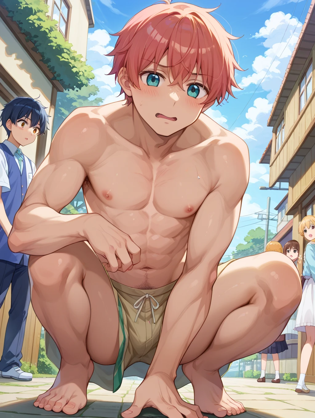 (masterpiece, best quality),Male children,nakeness,A young boy with,younge boy，???'s face，Cold，infancy，Young age，Short round face，Flat chin，infancy,(???'s face),spread their legs,Pink belly hair,Pink chest hair,Pink pubic hair,Young age,Flat chin,Fine face in detail,White men's briefs,musculous,pink short hair,Bright Hair,White eyes,Keep your eyes wide open,nakeness,White briefs,White briefs,Pectoralis abdominal muscles,Strong and well-developed muscles,bright,Bright and vivid colors,(depth of fields:1.2),Positive audience,looking at viewert,spread their legs,the night
