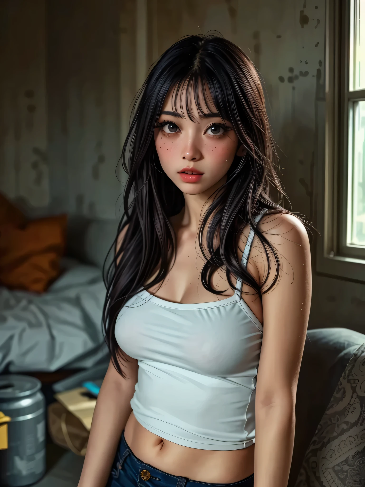 bloom, Lens Reflection, (8K, raw, professional, best quality, masterpiece: 1.2), (actual, photoactual: 1.37), Super detailed, (Wide Angle 25mm Portrait), (The most delicate skin: 1.2), The facial details are very rich, movie lighting, 1 girl, Long black wavy hair, (windy), Stand on the couch, dark light, looking at camera, Big breasts, Black and red shirt, Naked shirt