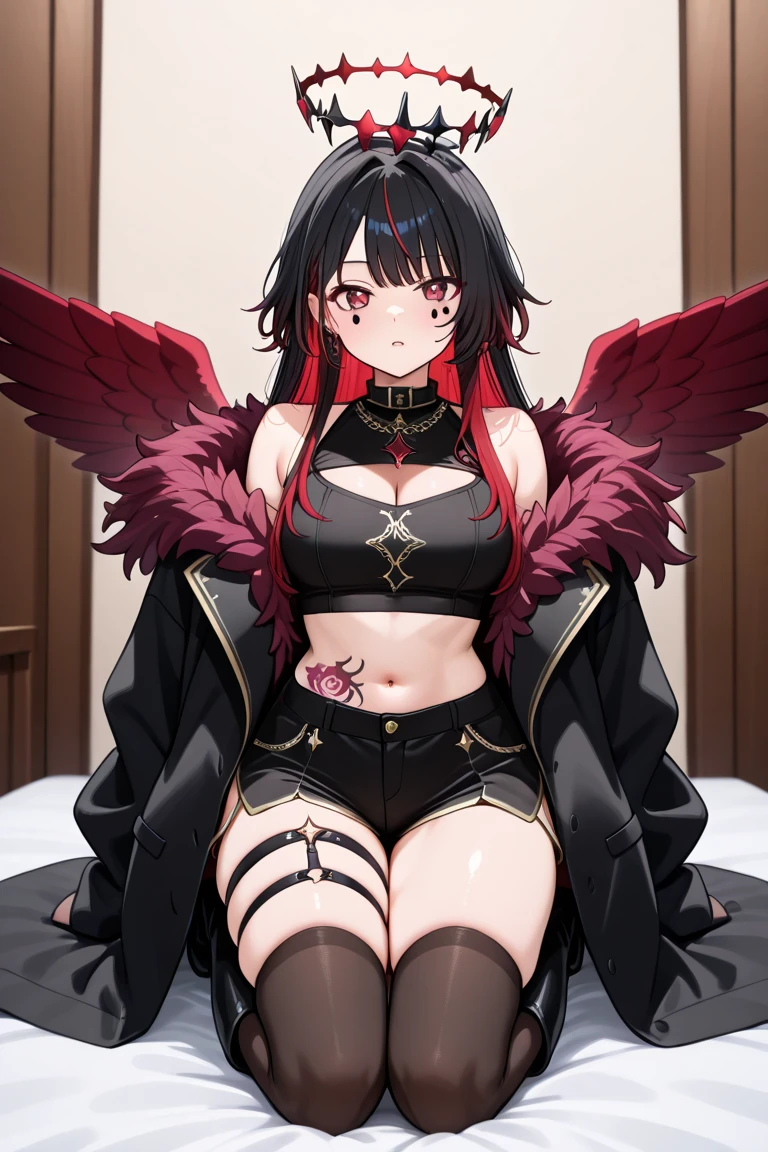 Girl with short wavy hair, black bangs with red highlights and a white strand, black horns, black feather wings with gray,crimson eyes somewhat white skin with freckles and small fangs, Wearing a red lace lingerie and a red colla,lying on a bed