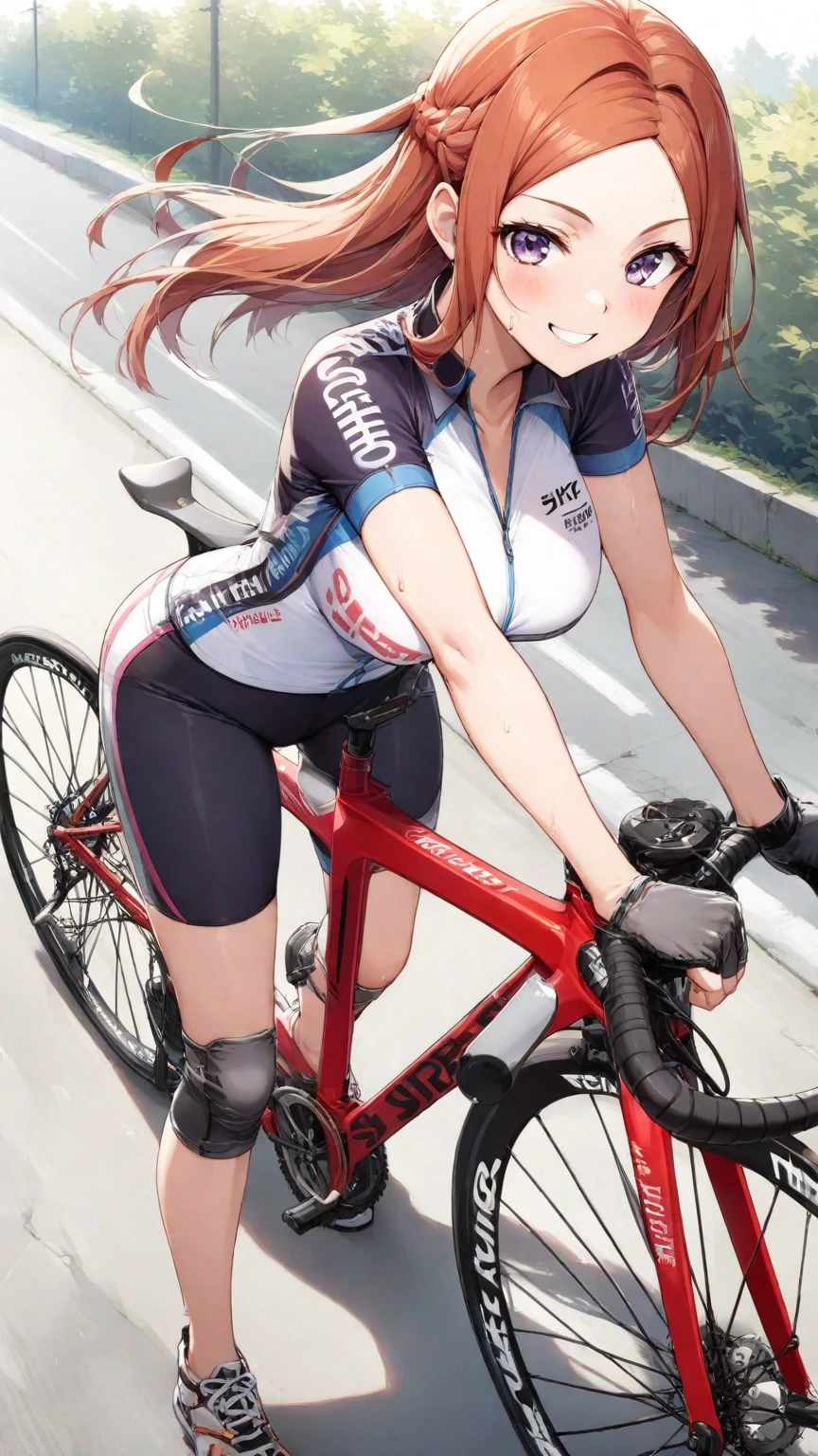 Nagino Sakura, brown eyes, brown hair, hair band, medium length hair, empty eyes , , large breasts, solo, nsfw, nipple, ride a bicycle