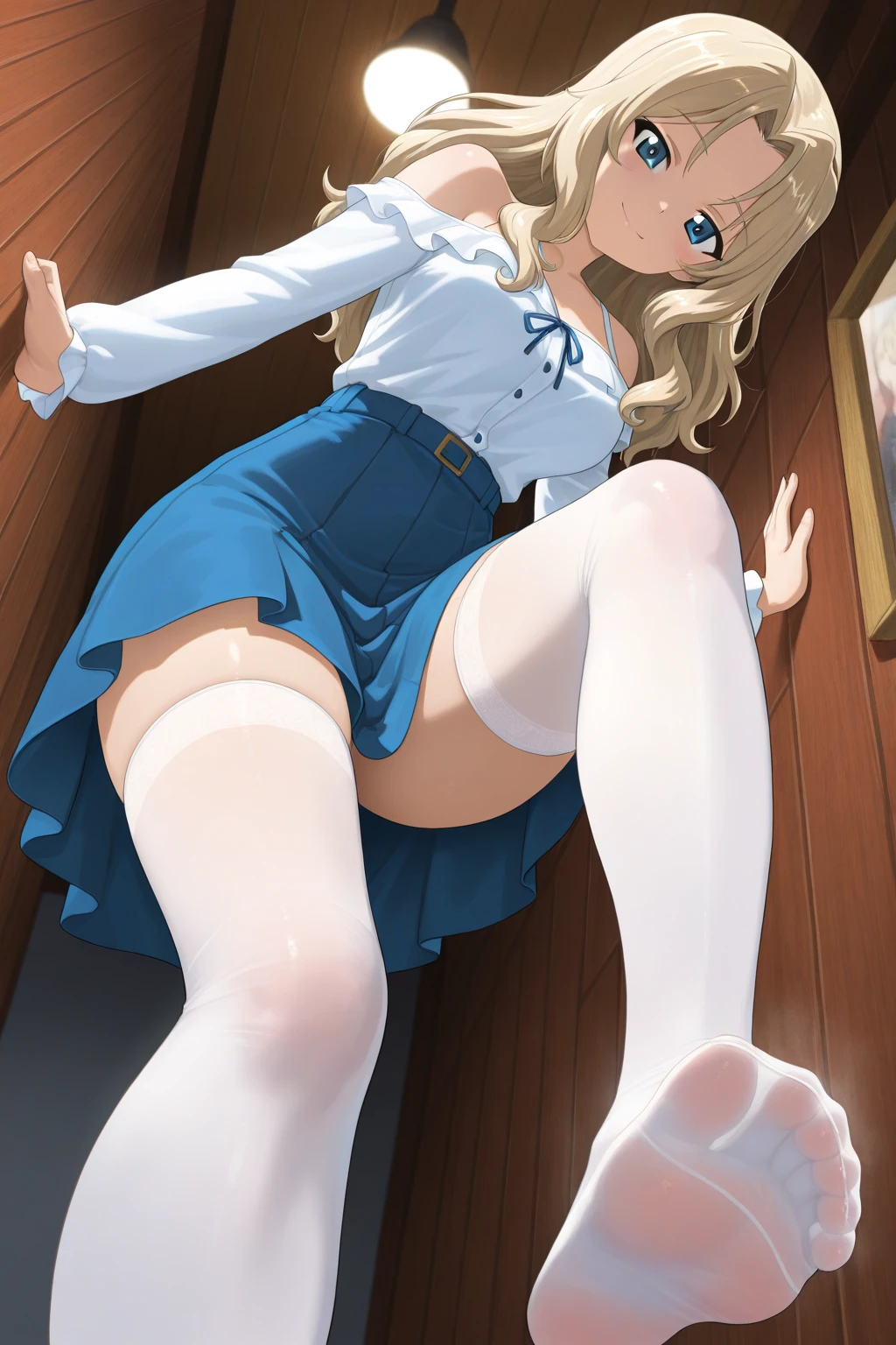 There was a girl in a blue dress and white stockings bent over, the anime girl is crouching, Blonde girl, Anime girl in white stockings, Bending over, beautiful anime girl crouching, small curvaceous loli, loli in dress, at pixiv, Loli, somewhat bent over, pixiv 3dcg, seductive anime girls, anime girl in a maid costume, (Detailed white panties:1.33)