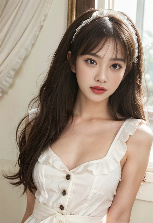 top quality，Ultra-clear resolution, beauty, Hidden Face, (beauty indian girl), beauty:1.3, Lean abdominal muscles: 1.1, ((Brown hair long bangs)). Strapless Mini Dress_sit down. Straighten your arms. straighten both armpits. Elevated. Shows the texture of the armpit. In front of the camera. Armpit details. smooth armpit. Beauty OK. OK. Charming armpits. In front of the make-up mirror), Super thin face, Very detailed lips, Delicateeyes, Double eyelids, Makeup face. Red lipstick