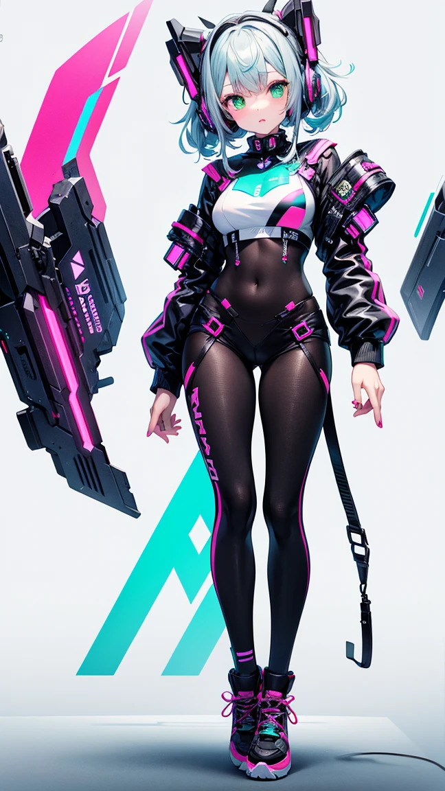 masterpiece, highest quality, Cyberpunk girls, Pop costumes inspired by Harajuku, Bold colors and patterns, eye-catching accessories, Trendy and innovative hairstyles, bright makeup, Cyberpunk dazzling cityscape, skyscraper, neon sign, led lights, Bright and vivid color scheme, anime, figure, fine skin texture, fine cloth texture, beautiful detailed face, intricate details, Super detailed.Has an elongated sword,Cat ear,wearing a bikini