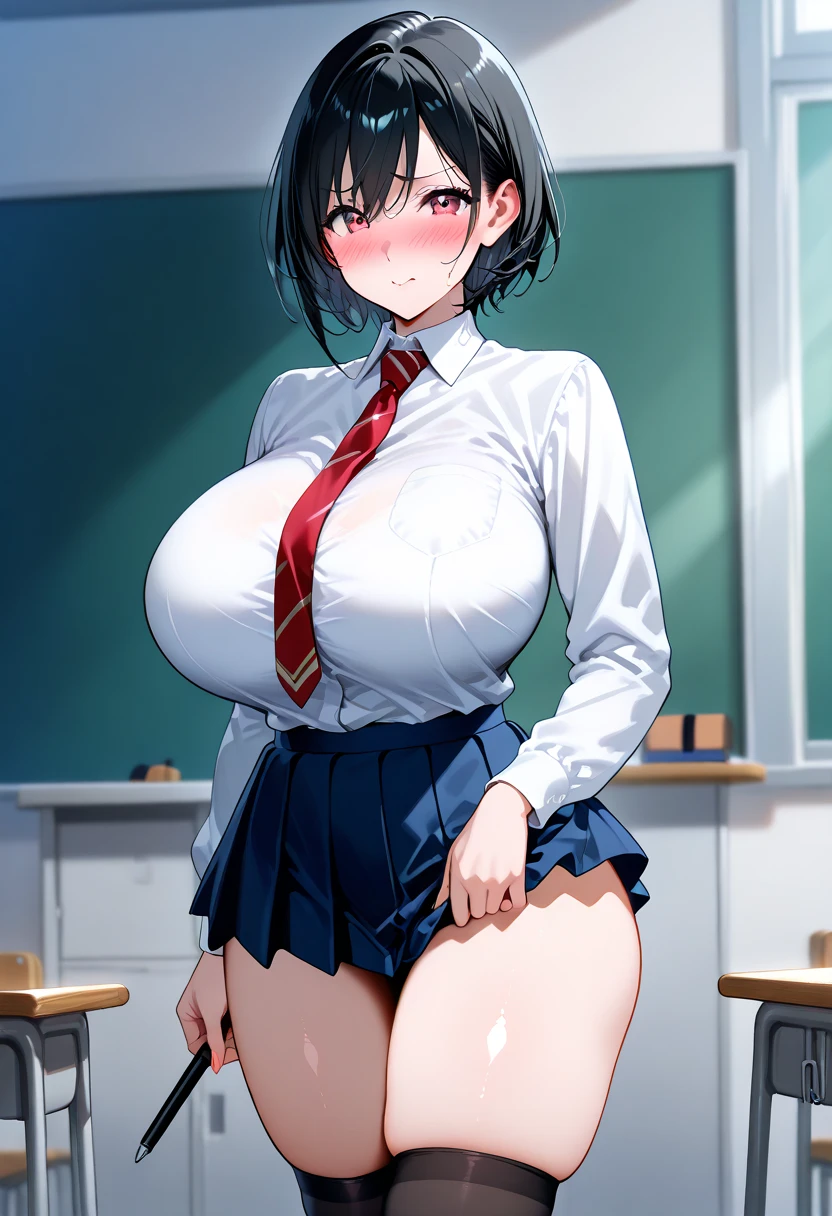 Solo highest quality, masterpiece, Very detailed CG, Highly detailed 8k wallpaper, indoor, classroom, masterpiece, highest quality, extreme details, chubby anime style, sharp focus, intricate details, 1 girl, huge breasts, High resolution, white school shirt, navy blue skirt, 8k, Tomboy, black hair, brown eyes, woman, Fair skin, sensual, short black hair, high high school girl, Are standing, hourglass illustration, cool face, short hair, sharp and cool face, calm expression, Fair skin, quite tall, full body shot, , high school girl, white shirt, brown eyes, Didn't'Write, cross your arms underneath(huge breasts 1.8),plump thighs,thick calves,