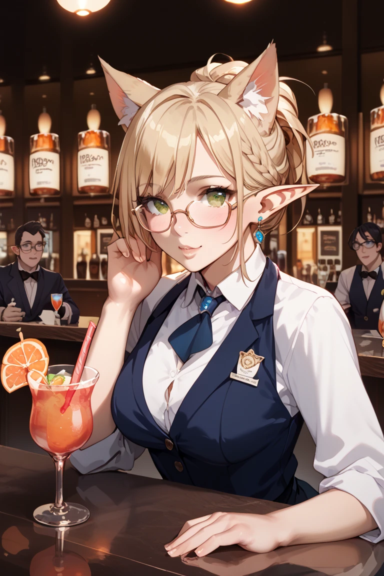 A cozy, stone-built elven bar with an elegant elf bartender preparing a drink for a customer, depicted in an anime style. The elf has delicate features, long flowing hair, and pointed ears. The bar is warmly lit by candlelight, with vintage bottles and glasses lining the wooden counter. The atmosphere is serene and inviting, perfect for a calm evening. The anime style adds a touch of fantasy and whimsy, capturing the magical and mystical nature of the elven world.