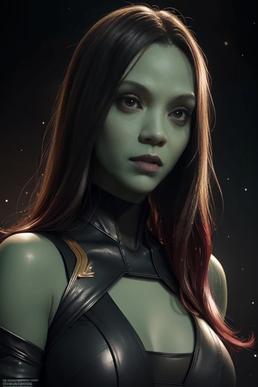 best quality,highres,ultra-detailed,(realistic:1.37),Marvel version,Gamora's portrait,beautiful detailed eyes,beautiful detailed lips,longeyelashes,dark green skin,detailed facial features,mixed race woman,body covered in black leather,sharp focus,portrait,studio lighting,vivid colors,space background,expressive eyes,confident expression,serious and determined gaze,sci-fi,fantasy, sexy, cleavage
