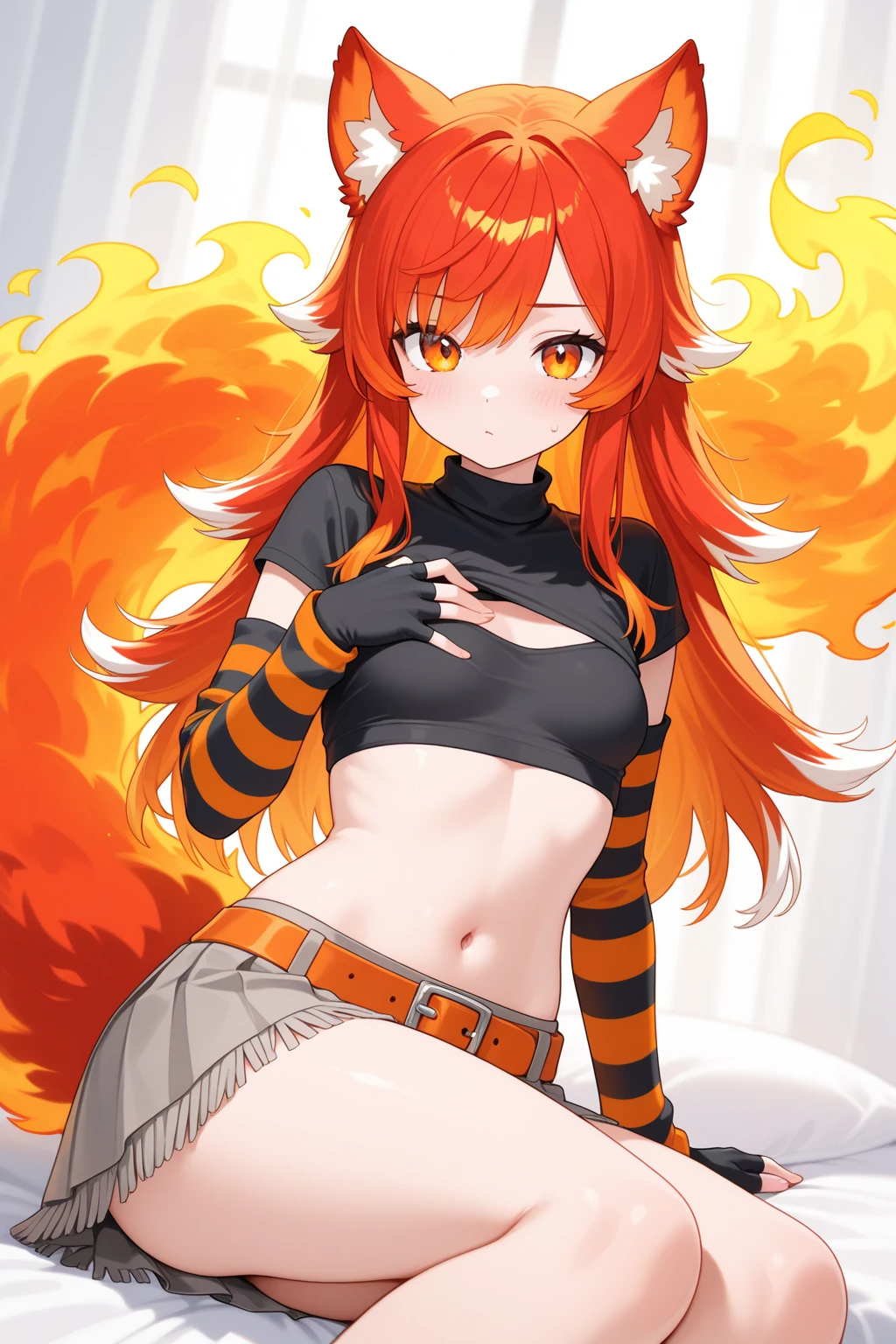((Masterpiece))), (((Best Quality))), Ultra High Resolution, Caustics, Detailed, (Beautiful Detailed Eyes),Perfect Anatomy, Eyeliner, nsfw, (Fox ears), multicolor hair ，Facial details, Red Eyeshadow, Large Breasts, pantyhose, solo, short top, sports Shorts, black tight, tight stripe , long socks, large earrings, detailed pupil, choker with locker, ((black crop top, thin material, mini skirt)), open waist, (perfect symmetrical body)