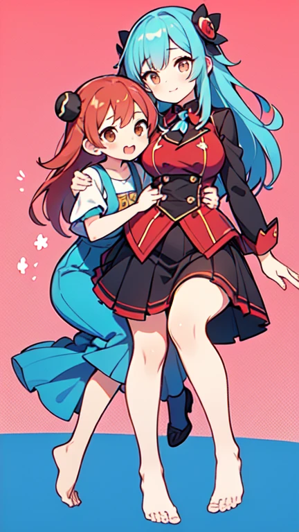 Two girls in dresses with corsets, blue and red panties
