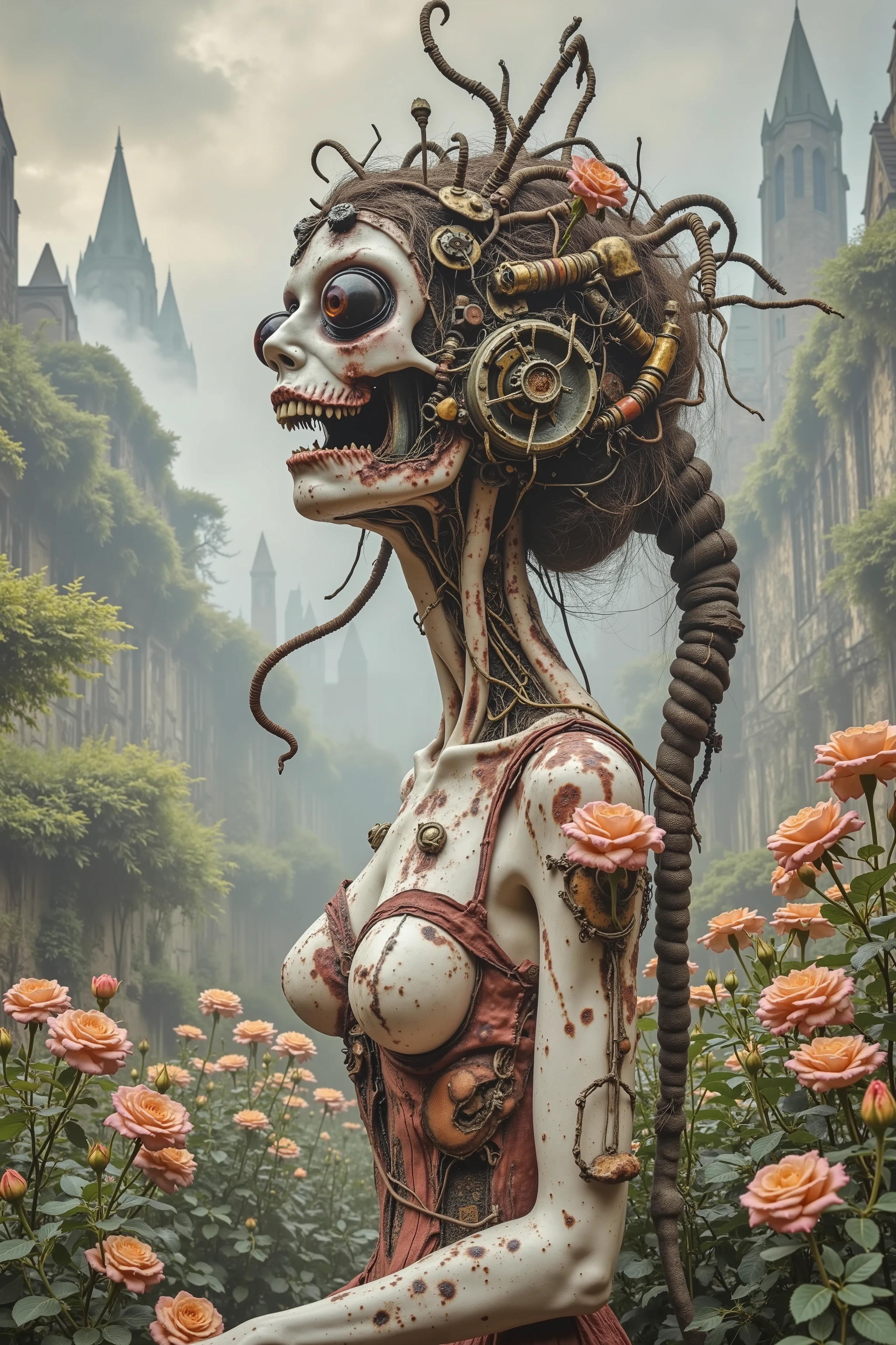 In a fantastical and surreal landscape, a humanoid figure stands amidst a lush garden of blooming orange and pink roses. The figure appears to be a blend of organic and mechanical elements, with skin resembling a porcelain doll, intricately adorned with colorful mechanical parts. Its head is an elaborate fusion of large, bulging eyes and a gaping skeletal mouth, with tendrils and tubes protruding in various directions like serpentine hair. These mechanical and organic components intertwine seamlessly, creating a complex and mesmerizing texture. 

The background features towering spires and mist-laden mountains, evoking a mystical, dreamlike atmosphere. The lighting is soft, illuminating the scene with a gentle glow that enhances the natural beauty of the flowers juxtaposed against the more industrial, futuristic aspects of the figure. The mood is one of both wonder and unease, as the contrast between the serene garden and the mechanical entity creates a compelling yet unsettling juxtaposition.