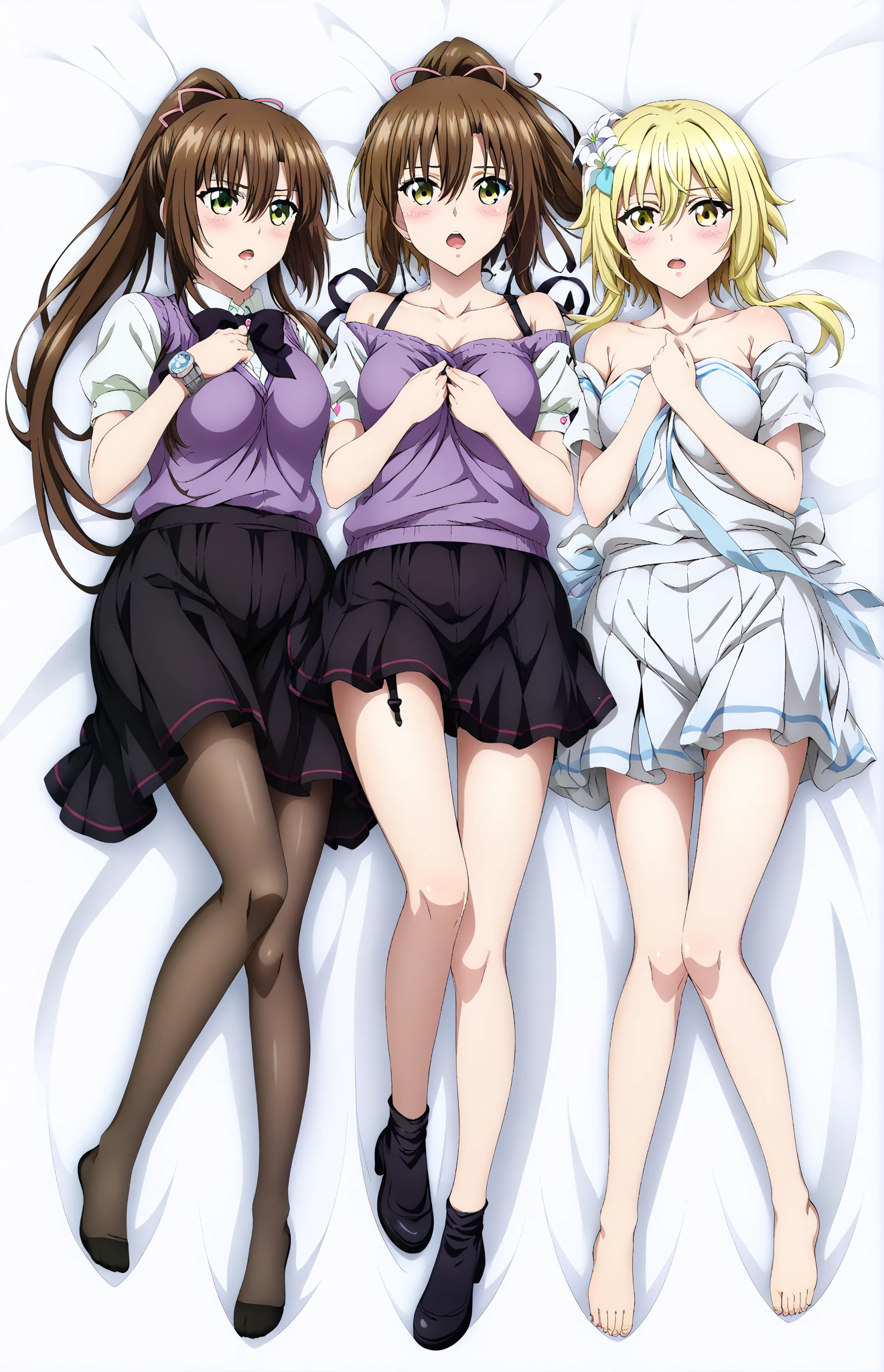 three sexy anime girls in lingersuits and stockings laying on the a white flowing bedsheet, ecchi anime style, ( ( misa amane # ) ), ecchi, anime girls, cel shaded anime, ecchi style, seductive anime girl, gainax anime style, a-1 pictures, anime key art, nsfw version, hq artwork, high resolution!!, sexy movie photo,
