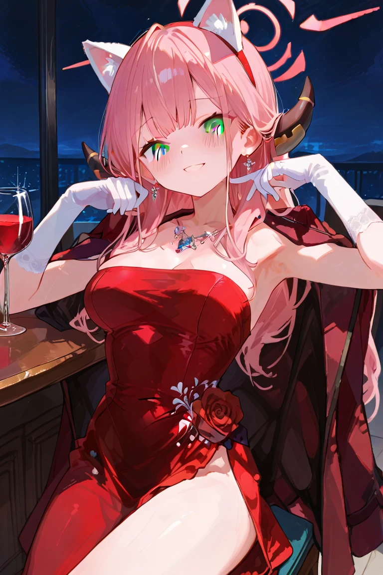 Masterpiece,High Quality: 1.2,(1 Girl),Cute,Full Length,(Smile:1.3),(Gentle Face:1.3),(Long pink Hair:1.3),(Half Up Hair:1.5),Messy Hair,(Big Tits:1.2),Shoulder Length,Clear Eyes,(Blue Eyes:1.3),(Detailed Eyes:1.2 ),(perfectly detailed eyes:1.3),(perfectly detailed eyes:1.3), blue kimono, clothes, aristocratic dress, dynamic angle,(feminine:1.4),(beautiful:1.4),(attractive:1.3),(toast:1.4),(wine glass1 :1.5),(dinner drinking:1.2)
