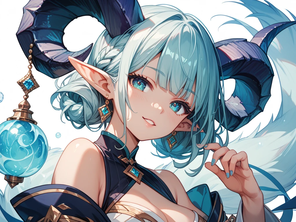 rolua, somunia, 1girl, bare shoulders, (white background), blue eyes, blue hair, curtains, eyelashes, hair ornament, hands up, jewelry, long hair, looking at viewer, multicolored hair, multiple rings, nail polish, open mouth, parted lips, ring, upper body, virtual youtuber, ((masterpiece))