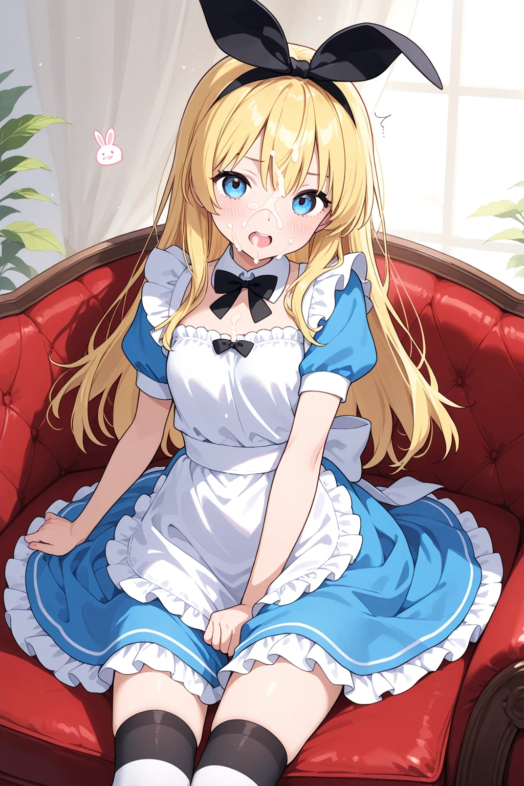 nsfw, best quality, alice in wonderland, light blue apron dress, lemon yellow hair, large breasts, lying on bed, two side up, blank eyes, nose blush, crying, confused, topless, spread legs, vaginal penis, penis, boy on top, cum in pussy, creampie, heart effects,
