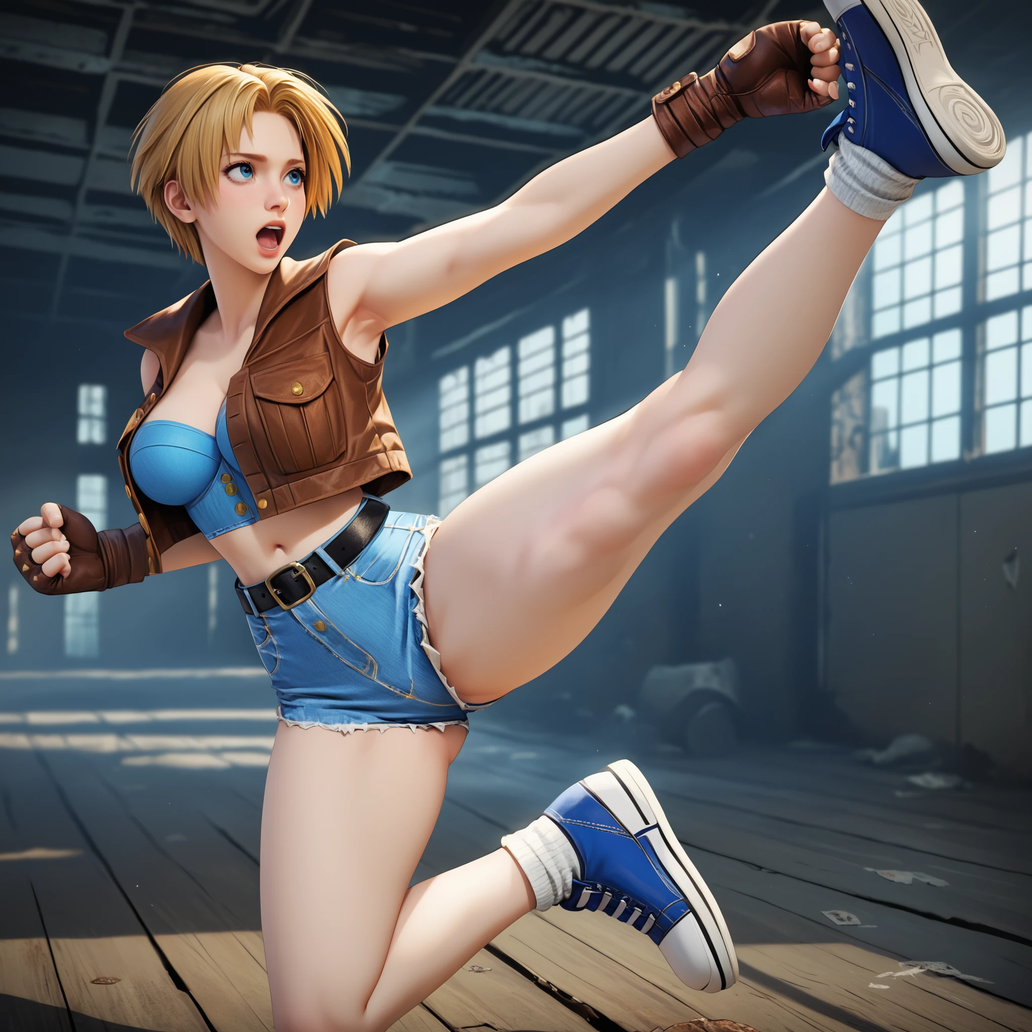 Lucia Morgan,score_9, score_8_up, score_7_up,source_anime,BREAK,((solo)),abandoned factory,LuciaFF3Outfit,short hair, slenderbody,curvy,narrow waist,Wide Hips, large breasts,
blue denim sports bra, brown vest, brown fingerless gloves, denim shorts, black belt, socks, blue sneakers,((Lucia open thighs wide_spread_legs kicking)),standing on one leg,split, open mouth,