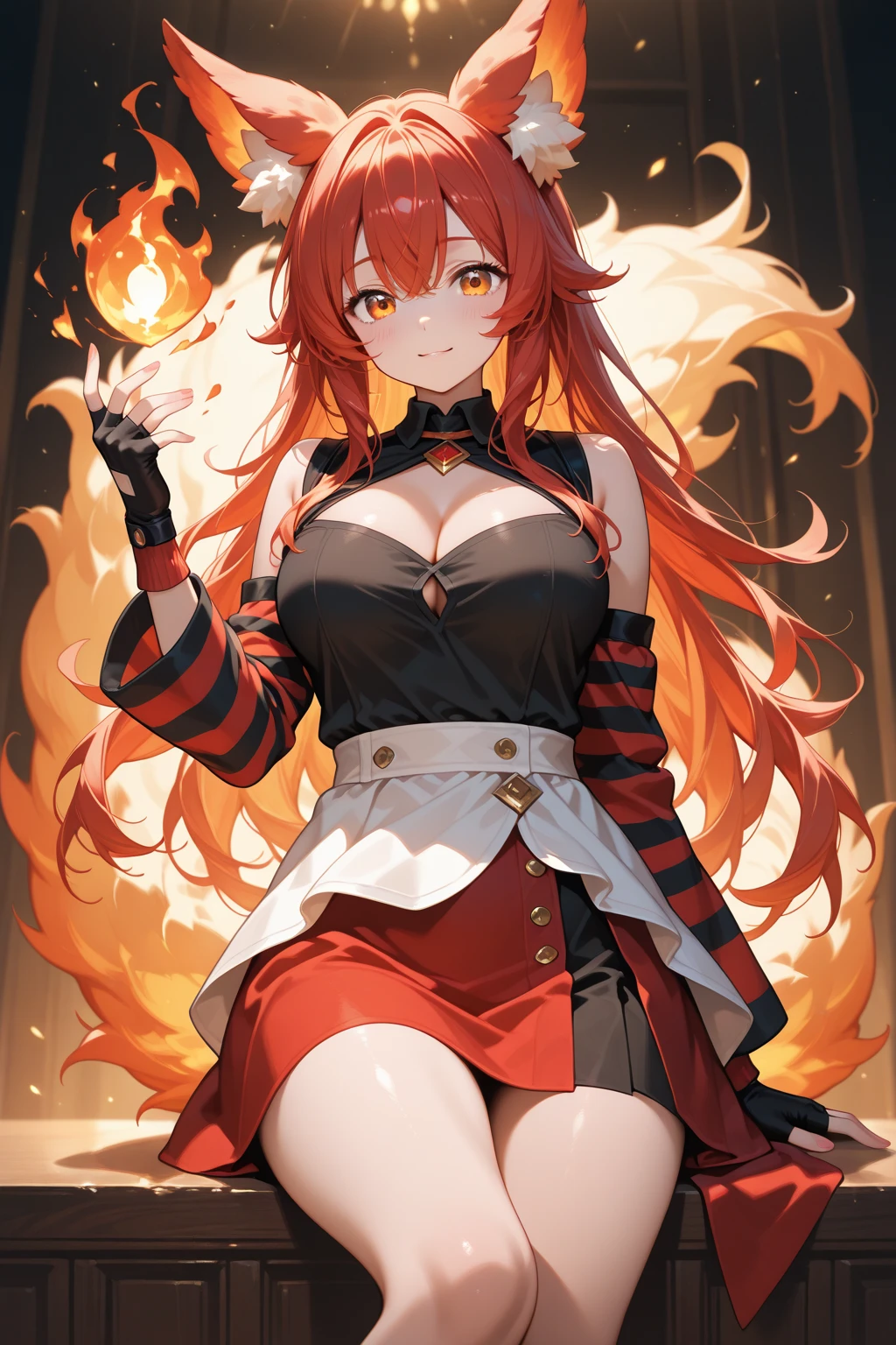 4K masterpiece anime style dark red hair long ponytail mature woman very large bust revealing hakama fox ears and nine fox tails of the same color as her hair holding a burning sword five fingers wearing a flame