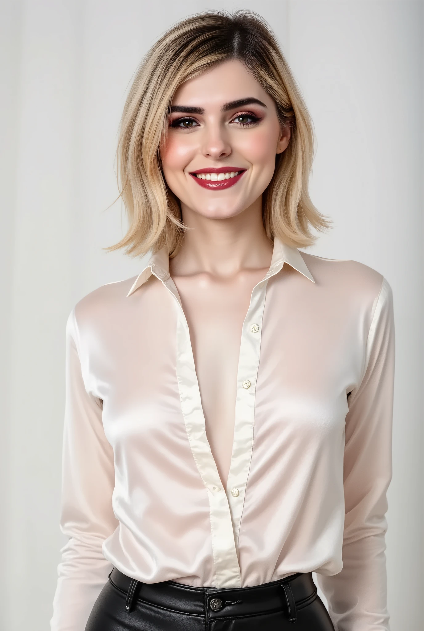 afared woman, instagram model with a shiny white satin button down shirt, black leather pants, smiling, happy, white studio background