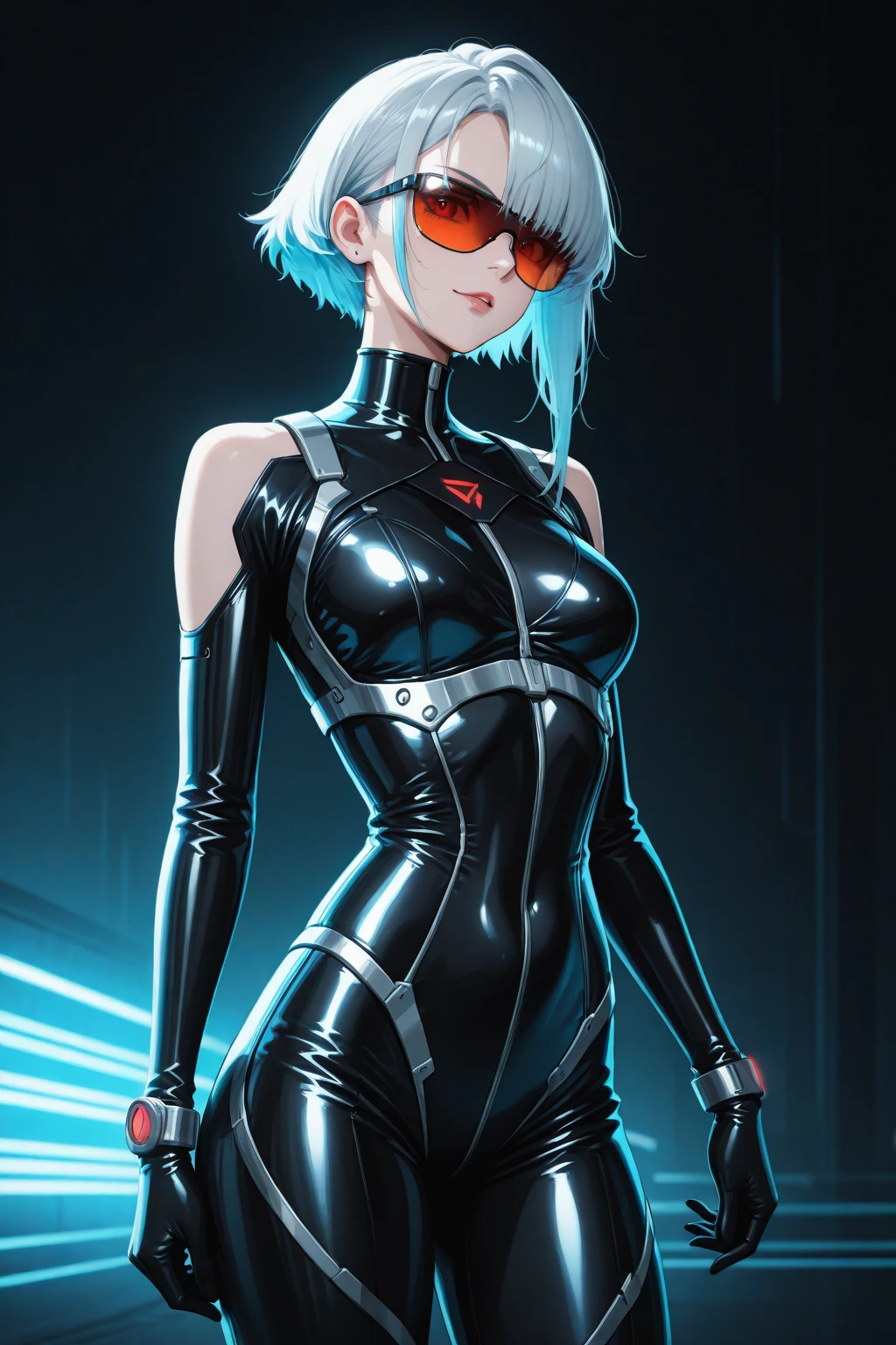 photo photo of a tall blonde, short half shaved haircut, Grey eyes, Red leather jumpsuit, diving equipment, girl with scuba gear, bare feet, Full body shot, Looking at the viewer, holding a gun in his hand, The sea in the background