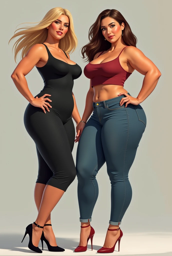 ((best quality)), ((4k)), ((highres)), ((masterpiece:1.2)). ((detailed)), ((ultra realistic)), ((intricate details)), ((full body picture)), ((character design sheet)), ((blank background)), ((standing in a blank background)), a gorgeous and tall ((around 6'0 tall)) blonde woman, plus size model, curvy model, thick, muscular model, muscular arms, muscular and feminine, bodybuilder woman, curvy and muscular woman, muscular and thick, tattoos on her arms ((tattoos on her arms)), vivid blue eyes, dressed in a tank top and skin-tight jeans, posing with her muscular arms above her head, barefeet ((BAREFEET))
