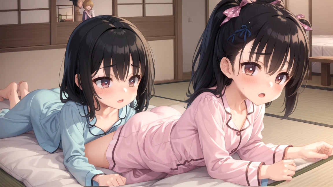 1 20 year old male, brown-haired man in his 20s,room、sitting on the bed、I'm a little tired、laughing、pajamas、High resolution、Super detailed