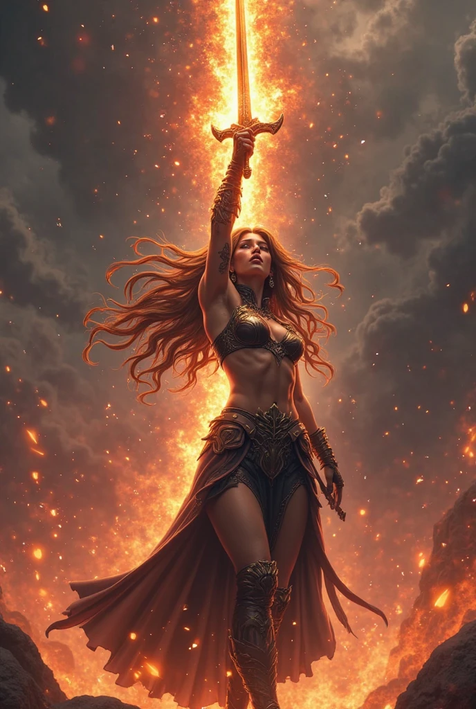 (masterpiece,top quality,best quality,official art,Beautiful and beautiful:1.2),Scene depicting war goddess with horned red flaming demon in hell,she is a great giant,she is a lovely princess,she is a strong warrior,flame,lightning in sky,magma,at the foot of the mountain,mountains in the distance,(fire element:1.4),现实的flame,Highly realistic,correct anatomy,full-body shot,convex,cute big breasts,violent house,,Plum,unsatisfied desire,only genitalia, camel toe,sexy gesture,,sex huge breasts cleavage, onlyfoot,sexy gesture,fist to flesh,(tangled,mandala,tangled,entangled)(Hairy and fleshy,only ,),married woman,MILF,delicate face,美丽exquisite eyes,correct anatomy,Detailed face, exquisite eyes,divine light,gold foil,gold foil艺术,dark background,absurd,marvelous and unbelievable,epic work,(intricate details,Super detailed:1.2),Super real photos, epic reality, ((neutral color)),(pastel colors:1.2), surreal, + lens + dynamic composition, Very detailed, sharpen, normal, warm light, Light effect, dramatic light, (intricate details:1.1), complex background, (Greg Rutkowsky:0.8), (black and red:0.4),