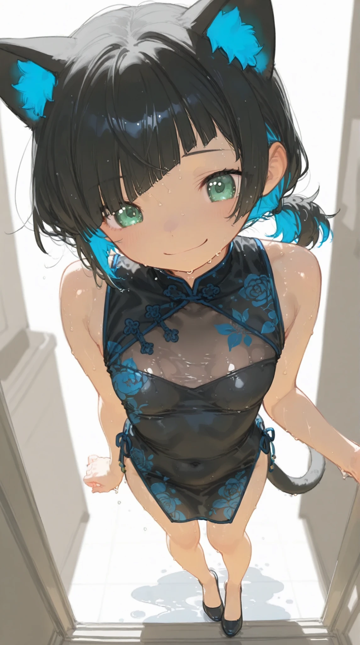 (Cat ear girl)Body that fits inside the screen(High resolution masterpiece, Super High resolution, high detailed, High resolution model, Best Quality:1.2)Japanese black hair,Young girl,Complex, 1 girl,Faint smile, Great quality,Japanese black hair,Young girl,White skin,Oily, Sweaty skin, Shiny black bangs, Highlight color hairstyle,Inner Color, Behind the ear,Wet Hair,Middle Ponytail, Diagonal bangs, Hair covering the eyes:1.3, Cookhold Subjective(masterpiece:1.5), Super detaileded, High resolution, 8k, Beautiful green eyes、detailed, 1 cute girl,Middle Ponytailの小さい女の子, Blue droopy eyes, Small breasts,Small breasts,Chinese dress,A face waiting for a kiss,Kiss with your eyes closed,full body、Body that fits inside the screen