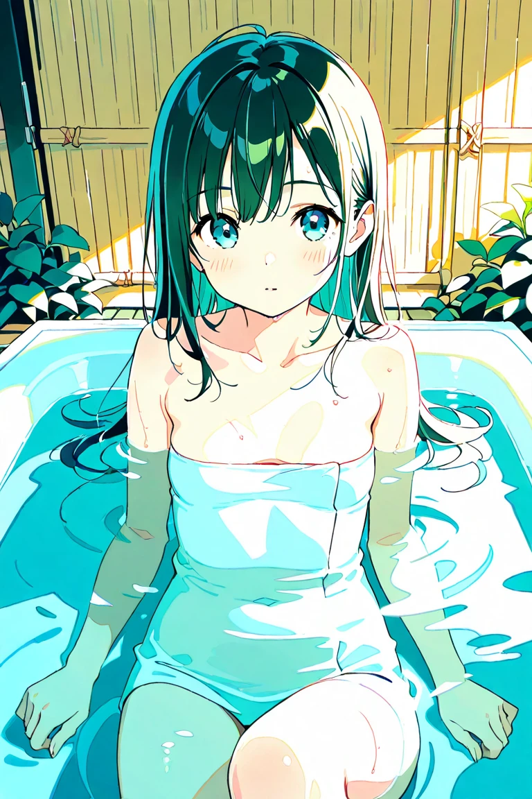 masutepiece、high-level image quality、male in his 20s、green colored hair、Pink eyes、Immerse your body in water、lying back on、Clothes also get wet、Expression of melancholy、Beautiful fece
