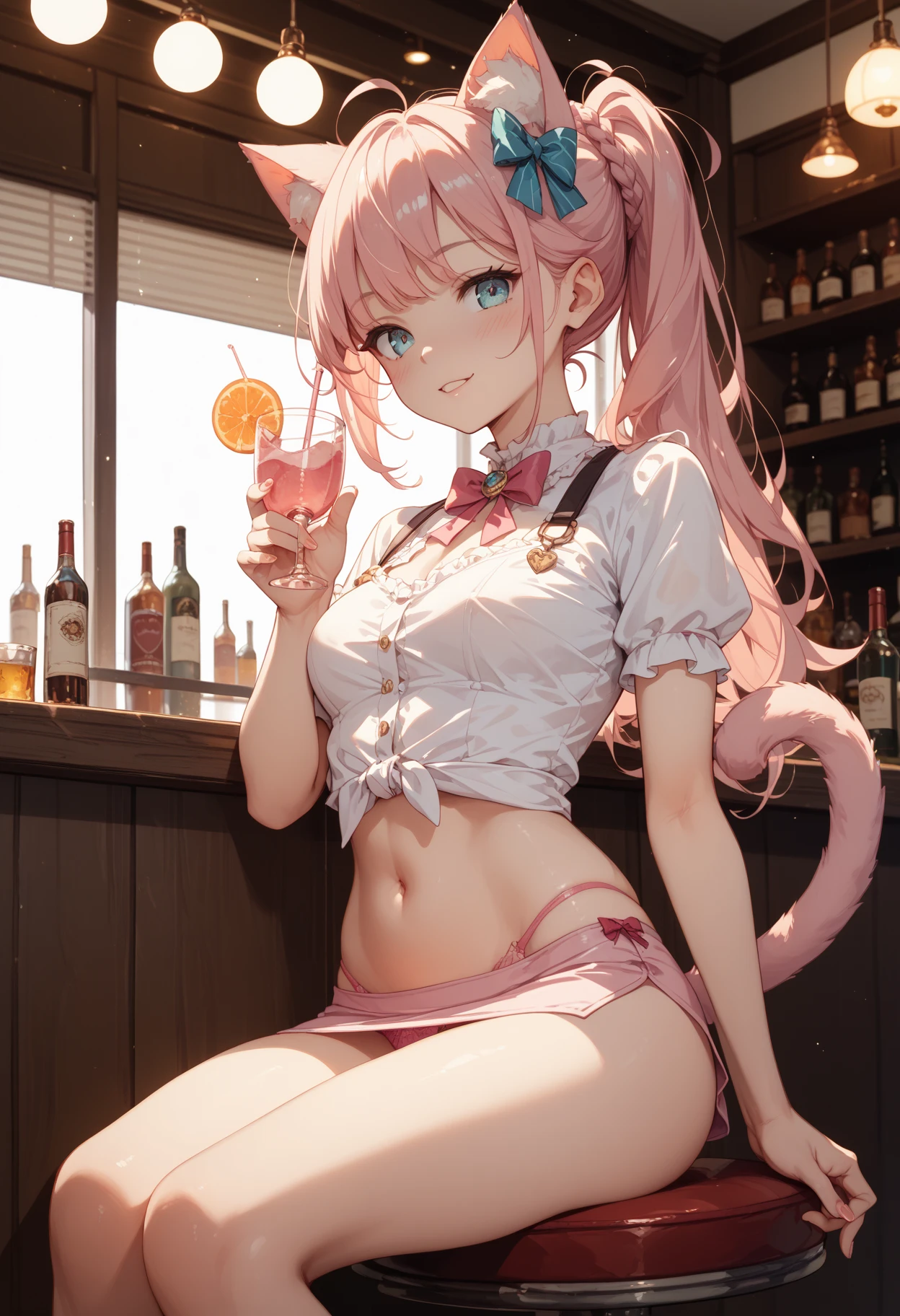 Young girl with pink hair, long twintail hairstyle, ((small bushy eyebrows)), wearing lolita dress, lolicon (Zankuro) drawing style by zankuro artist, Zancrow style, image uploaded in R34, in the mall, flirty smile , suddenly having sex in public, ((doggy style sex)), ((public sex in a restaurant)) naked ass in the male crotch, perfect anatomy, young boy fucking her