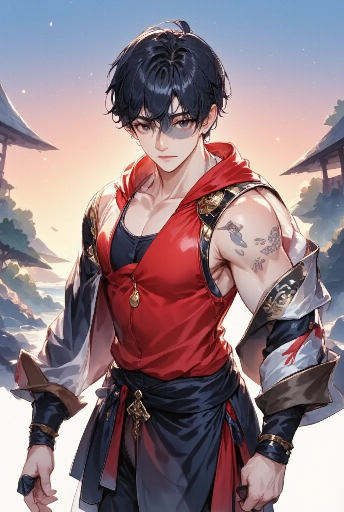 muscular boy, masculine features, wild, masculine, valiant, handsome, rugged, hoodie, traditional Chinese costume, fusion of ancient Chinese and modern, king of rappers, pectoral muscles, abs, cool atmosphere, sitting, solid posture, fashionista, stylish, colorful, individual, Cantonese, singing, dancing, sky with stars shining like dreams, quiet night book, Starry sky blooming brightly, whispering dream and confusion border, Cantonese pride