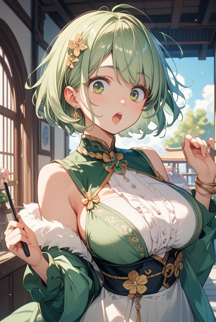 Appearance: Sayaka is a young and athletic girl with long green hair., gathered in a high ponytail. She has big green eyes, plump lips and charming face, radiating kindness and cheerfulness. Her figure is distinctly feminine with large breasts., narrow waist and curvy hips.
cloth: Sayaka is wearing a tight green top, which emphasizes her chest and graceful shoulders. She's wearing short green shorts, which outline her curvy butt and slender legs.
Posture and emotions: Sayaka sits on the stove, looking directly at the viewer, with a slight smile on his lips. Her posture is confident and relaxed, which emphasizes her charming and friendly character.
style: Anime style with bright, rich colors, emphasizing her unique appearance and charm.