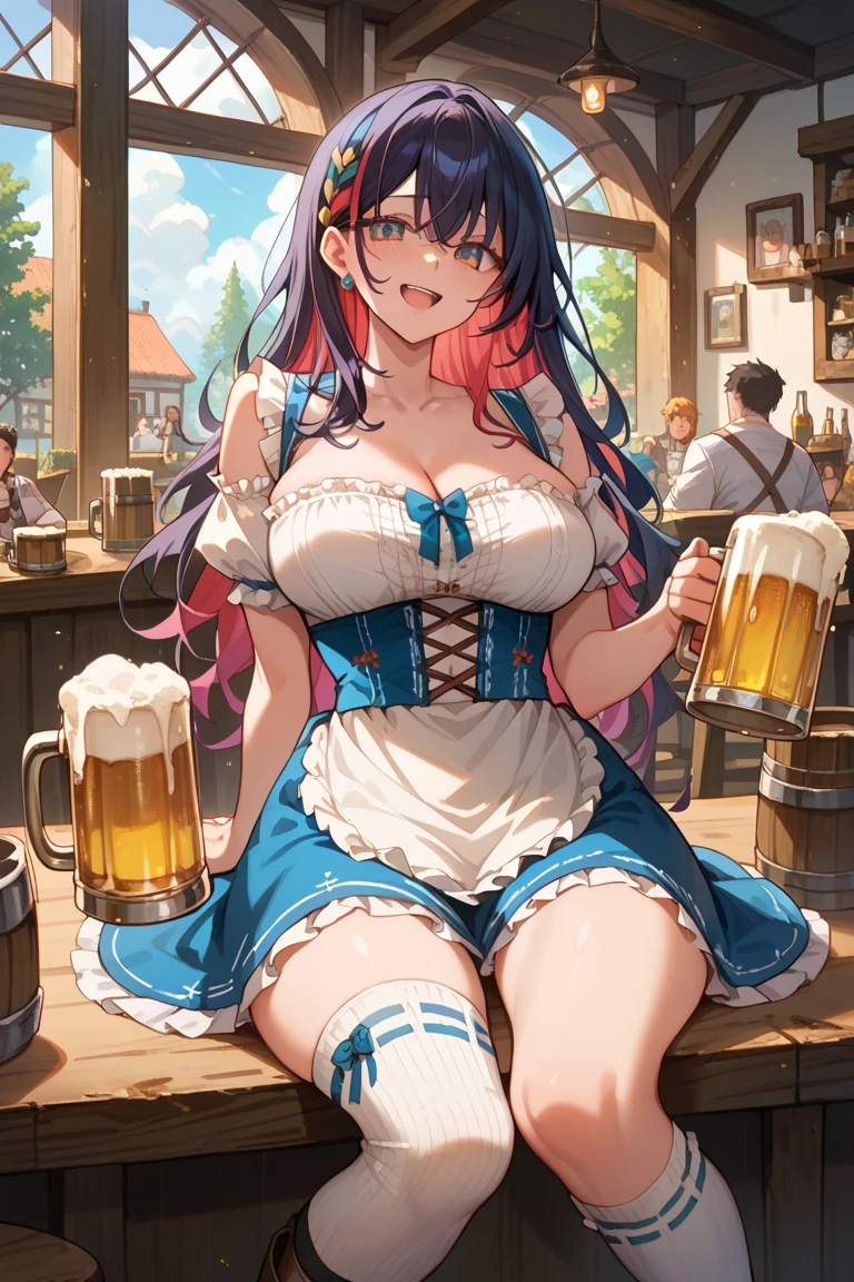 (outline:1.3), bloom, pov, (sparkles:1.3), pov, contrapposto,   ballerina, indoors, mature female, toned, (long hair:1.3),  (straight hair:1.3),  ADDCOMM (blue hair:1.3), (blunt bangs), purple eyes, (cat ears:1.3), long eyelashes, mascara, (maid headdress), nose blush, :d, (red_hairbow:1.3)   BREAK
(white:1.3) dirndl, traditional bavarian dress,  plunging neckline,  puffy short sleeves, form fitting, large breasts, cleavage, holding beer mugs  , <lora:TankTopSkinTight:0.5> , BREAK
(red:1.3)  ribbon-trimmed (tutu:1.35), black ([belt|sash]:1.4), <lora:TutuCustom-e15:0.5>, standing, bare legs,  (cat tail:1.2)