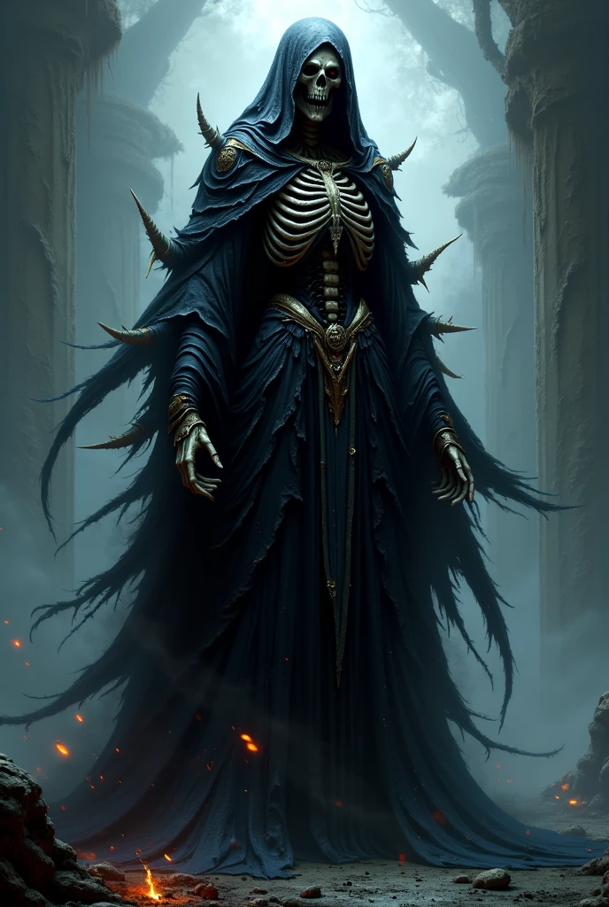 <lora:NecromancyAI:1>, (masterpiece, cinematic lighting, sharpen, 4k, HD, very detailed, detailed face) NecromancyAI, (Lich woman, skeleton woman, hairless):1.3, black cloak, photorealistic painting art by midjourney, dark gray mantle with a skull on the chest, staff in hand, four bone horns, red burning eyes, looking at viewer, (full body, a full-body view:1.3), ((detailed clothing)), simple gold crown with ruby, skeleton body:1.3, (((simple background, black background)))