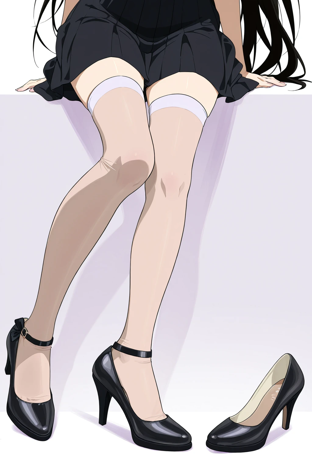 Anime girl in a black dress sitting on the floor with her legs crossed, Anime girl crouching, Beautiful anime girl crouching, Enchanting anime girl, Sexy pose, Anime Pose, Mr.々A pose, Fully clothed. Sexy Painting, Created by Anime Painter Studio, Anime full body illustration, Distorted pose, Anime female full body art, Gweitz