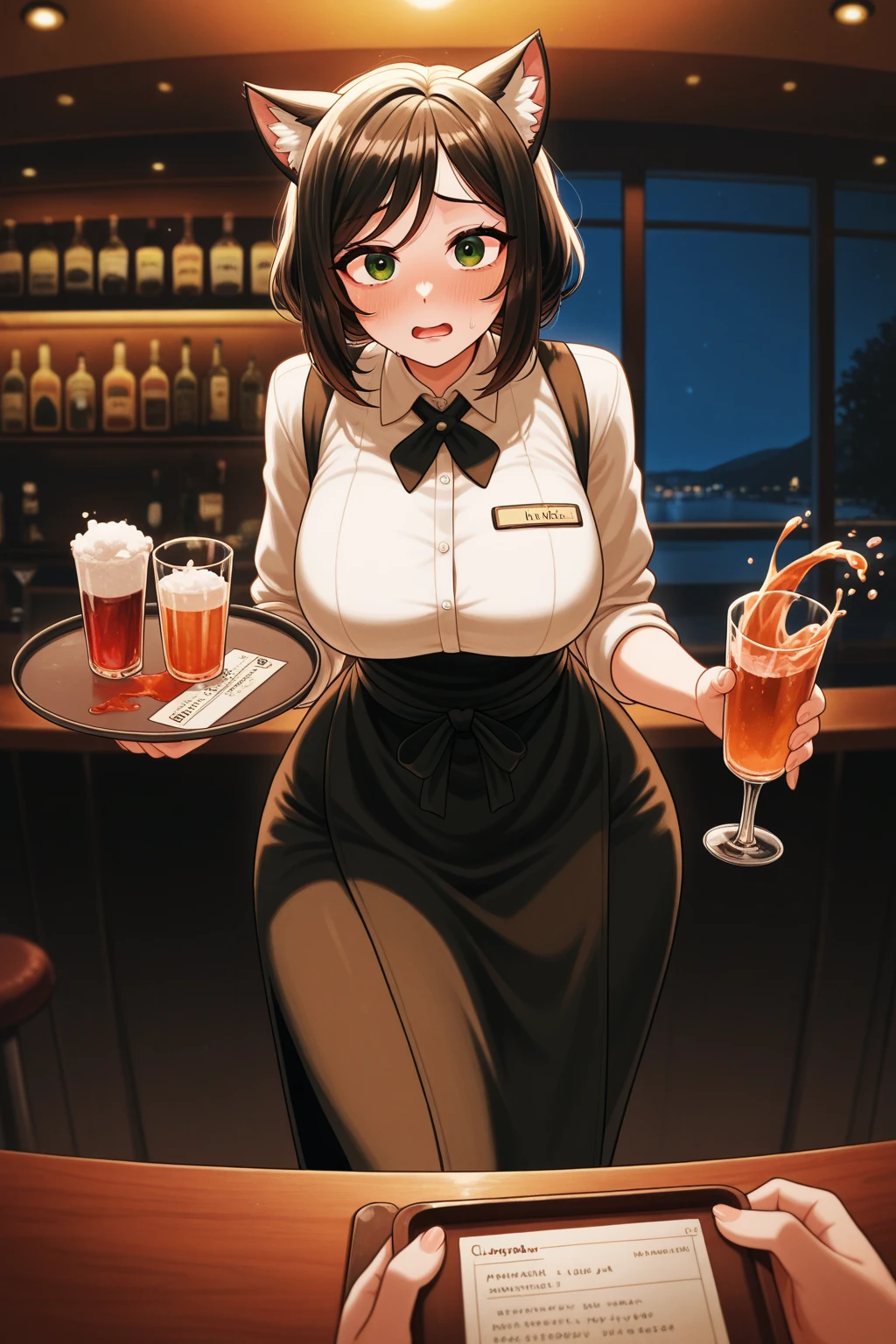masterpiece, best quality, high quality, detailed, ultra detailed, hyper detailed, insanely detailed, exquisite, beautiful, FHD, Full-HD, 4K, 8K, 16K, highres, absurdres,bar,jazz,bartender,wine,1girl,cowboy shot