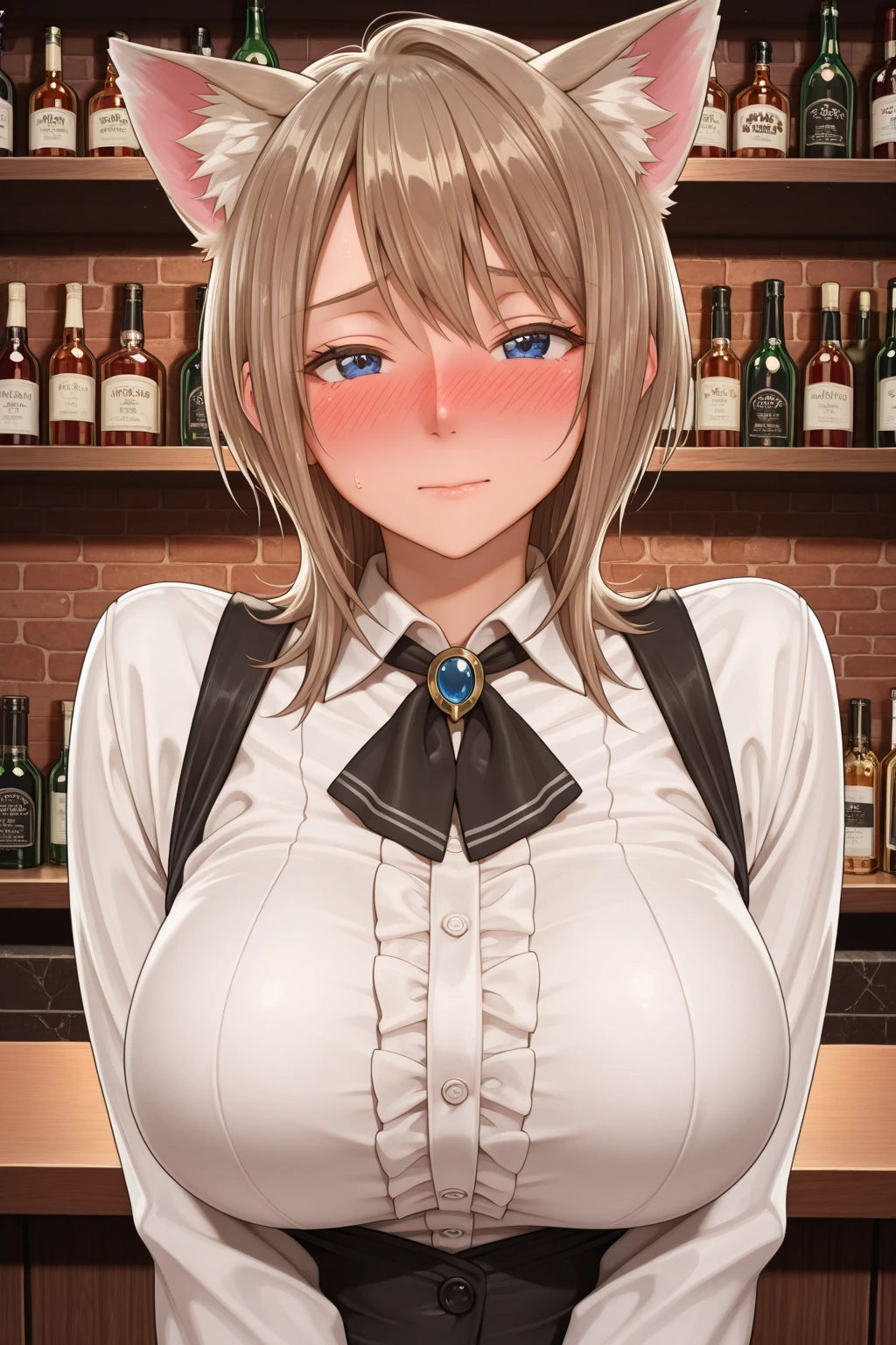 Highest quality,masterpiece, Highest Resolution, nsfw, 1 girl, reverse bunny, shaved pussy, gigantic breasts, indoor, hostess bar, night, laugh, standing, horse ears, horse tail