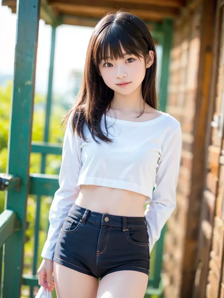 ((top-quality))、 ((masuter piece))、超A high resolution、Raw photo、intricate-detail、proffesional、foco nítido、Photorealsitic、Real life、surrealistic、photorealisim、Silhouette Light、finely detail、Highly detailed CG Unity 8K wallpapers、erfect artwork、Depth of field is deep、No perspective、细致背景、shinny hair、radiant eyes、shinny skin、realisitic、Looking at the camera、Very delicate and cute、Cute detailed girl、pure、cute large eyes、Facial Lights、Cinematic lighting、Transparent material、realistic representation of face、(intricate detailes)、no-makeup、(delicated face、Delicate eyes and face)Detailed skin、Best ratio of four fingers and one thumb、(flat-chest: 1.4)、short torso、Transcendental thin legs、Transcendent small butt、((独奏))、light、Very young face、Innocence、Facial Highlights、Professional Writing、女の子1人、White lightweight tank top with thin fabric、White Sheer Light Shorts、Back lighting、((Stand facing the front))、Hands on the hips in the style of models、florals、((non-blur))、Skinny style、((Knee shot))、((12year old))、(Beautiful pitch black shiny one-tail medium hair:1.4)、(Super beautiful girl with cute loli face:1.6)、Short stature、Beautiful shiny black hair、((Super petite and super slender girl))、((A true transcendent beautiful girl with ultra-young Japan))、Plump round face、Small face and small nose、Healthy face、Soft lips、pale cherry colored lips、(rather thin eyebrows: 1.4)、shiny large black eyes、big eye、(The corners of the mouth rise:1.4)、Clothes are see-through、Protrusions、erect through、(Shy smile:1.8)、less clothing、no sleeves、Eyes for hollow details、Floating hair、large eyes that are symmetrical、hair clips、No face makeup、