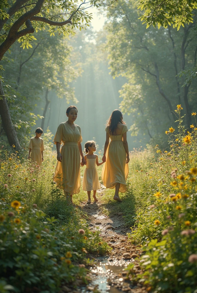 Mother with her children, surrounded by divine light in a magical and mystical style, sacred codes of peace, love and abundance, Magic Forest, sun, a lot of light . Representing the Holy Spirit in all things . 
