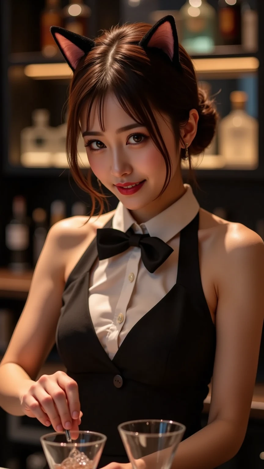 (8k, best quality, masterpiece, golden ratio composition,:1.3), (light makeup), (black Playboy bunny girl, rabbit ears:1.2), (Bunny suit, corset, bow tie, high cut, grin), (night bar, Red lighting), (35 yo beautiful mature woman, huge breasts:1.3), semi long hair