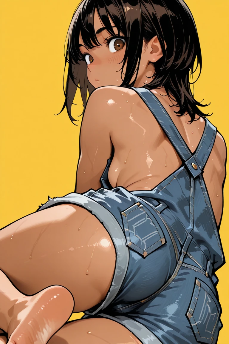 masterpiece, best quality, 1girl, solo, crop top, ((colossal cleavage:1.3)), denim shorts, choker, (graffiti:1.5), paint splatter, arms behind back, against wall, looking at viewer, armband, thigh strap, paint on body, head tilt, bored, multicolored hair, aqua eyes, headset, peepshow, nipslip