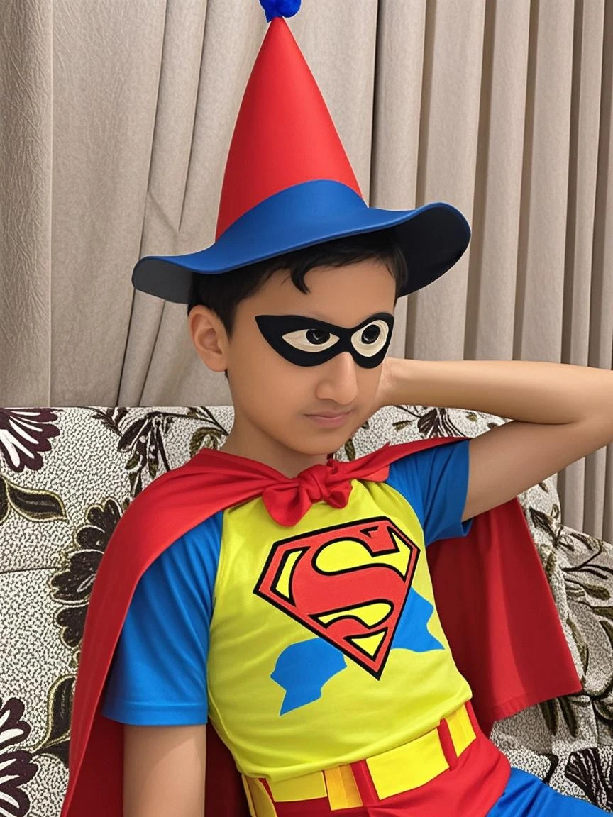a photo of a boy dressed as a kamek character, ultrarealistic, with glasses