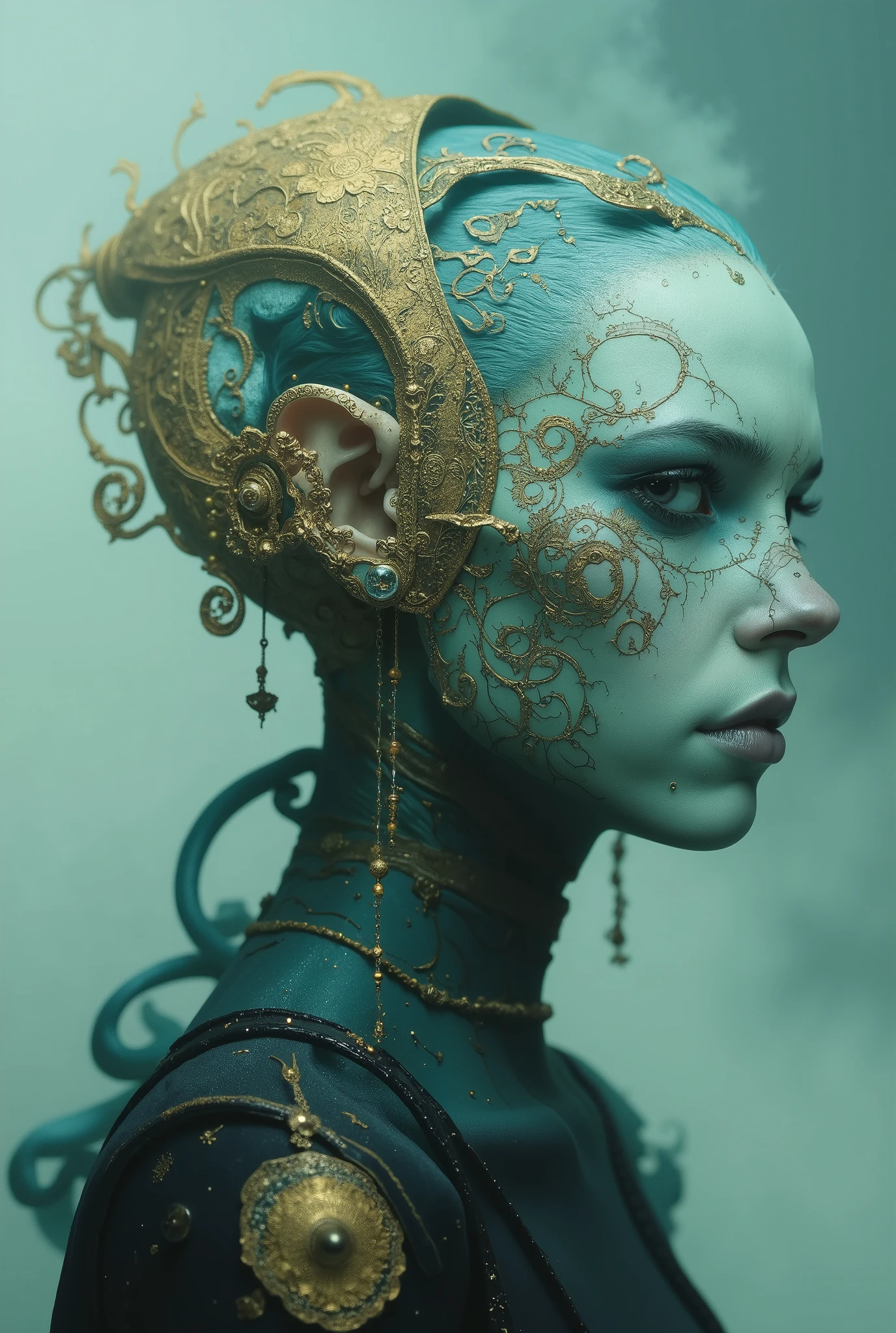 Ethereal minimalist alien cybergoth fashion pictorial photography, HEIC format, fog background in the style of teal and gold ,  uso di spatole , ritratto a vita, intricato, sharp _fuoco,  dungeons _arte ,  zentangle, high details, high definition .